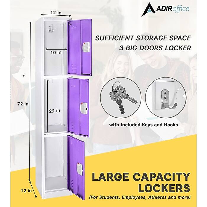 ADIRoffice, SUFFICIENT STORAGE SPACE, 3 BIG DOORS LOCKER, 72 in, 22 in, with Included Keys and Hooks, LARGE CAPACITY LOCKERS (For Students, Employees, Athletes and more), 12 in, 10 in