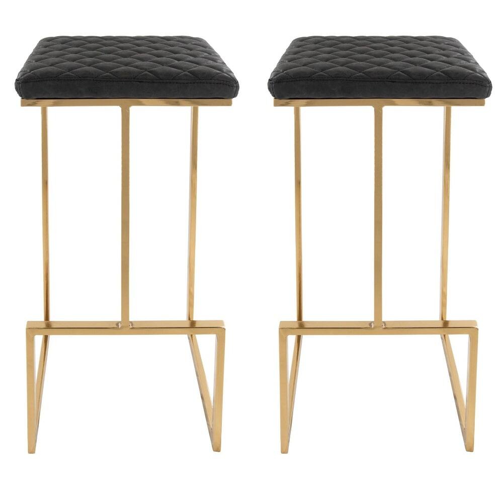 Angle. LeisureMod - Quincy Modern Quilted Leather Bar Stool with Gold Metal Frame Counter Height Chair Set of 2 - Charcoal Black.
