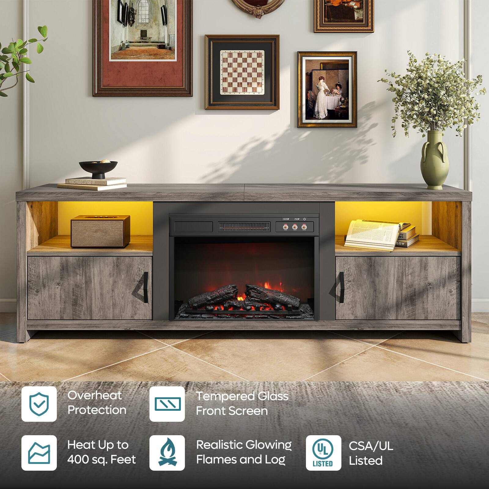 - Overheat Protection
- Tempered Glass Front Screen
- Heat Up to 400 sq. Feet
- Realistic Glowing Flames and Log
- CSA/UL Listed