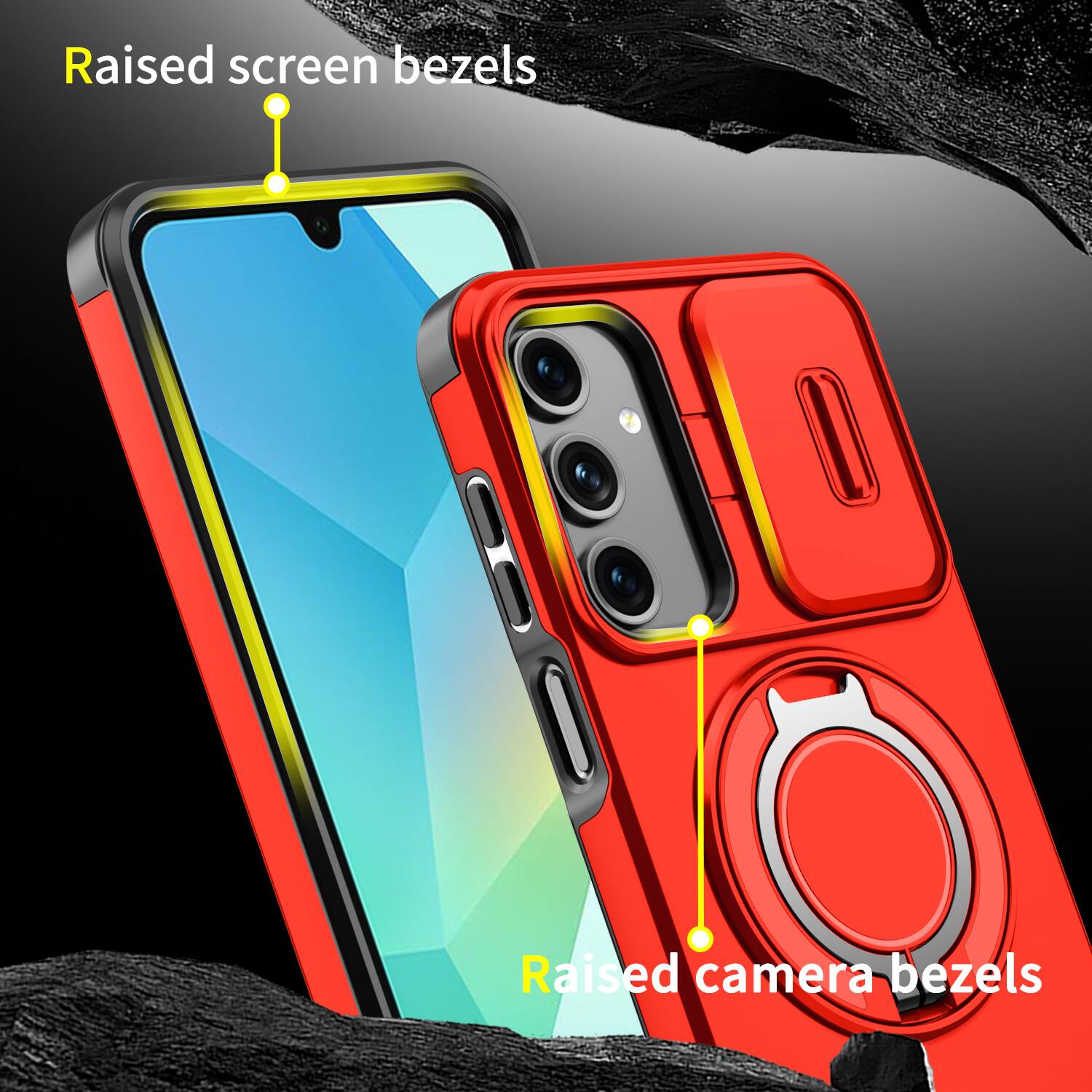 Raised screen bezels  
Raised camera bezels