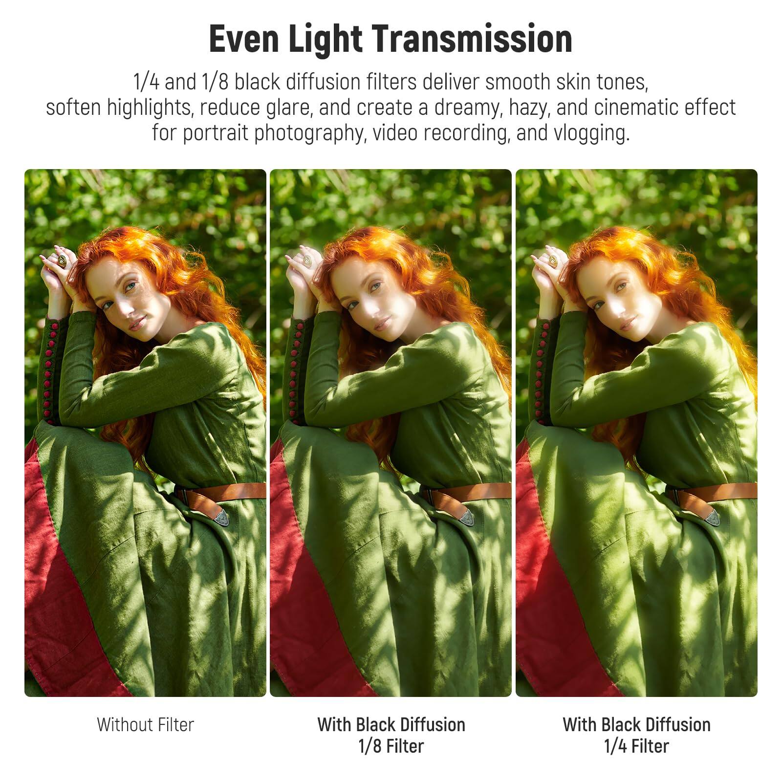 Even Light Transmission

1/4 and 1/8 black diffusion filters deliver smooth skin tones, soften highlights, reduce glare, and create a dreamy, hazy, and cinematic effect for portrait photography, video recording, and vlogging.

Without Filter

With Black Diffusion 1/8 Filter

With Black Diffusion 1/4 Filter