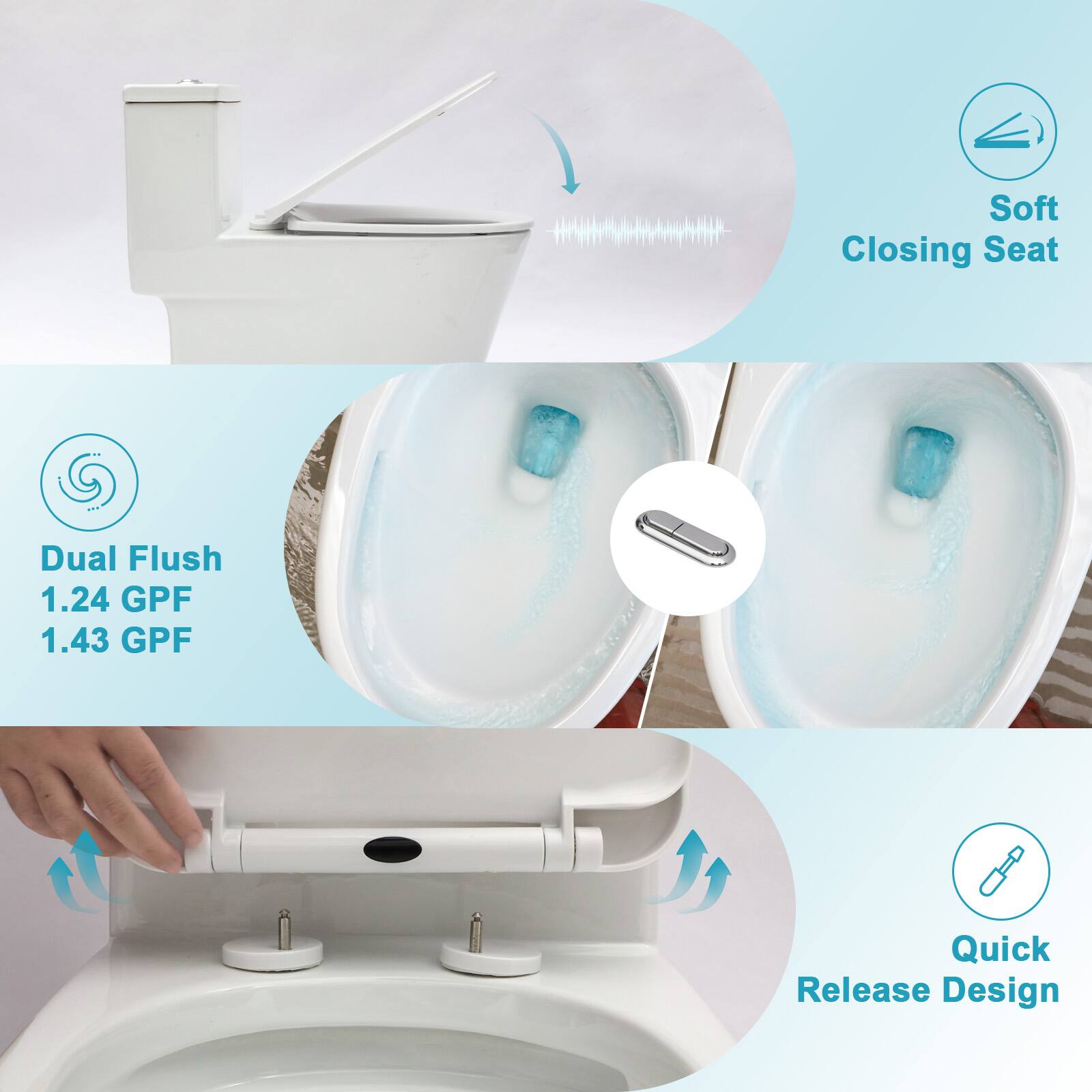 - Soft Closing Seat
- Dual Flush
  - 1.24 GPF
  - 1.43 GPF
- Quick Release Design