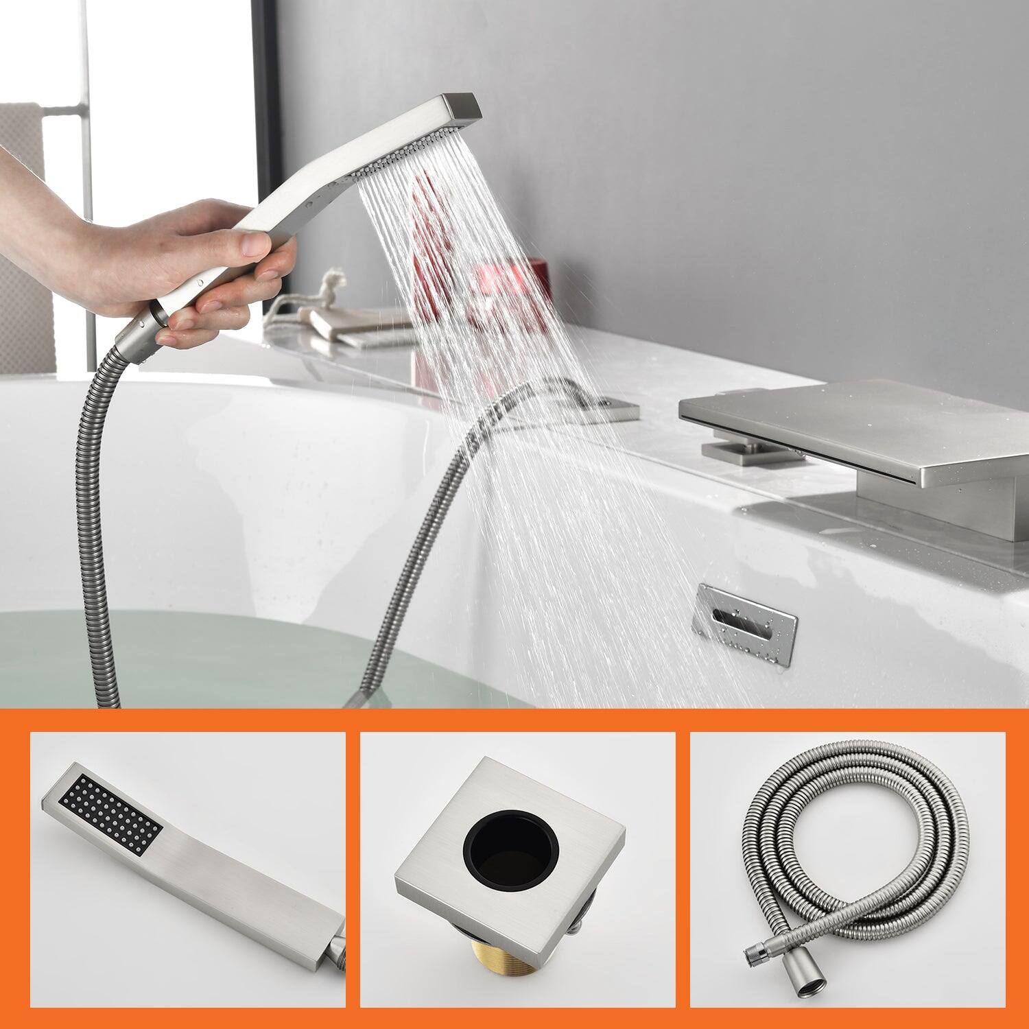 Alt View 2. Boyel Living - 10.24 in.W Brushed Nickel Bathtub Hot and Cold Water Faucet with Waterfall Spout and Handheld Shower - Brushed Nickel.