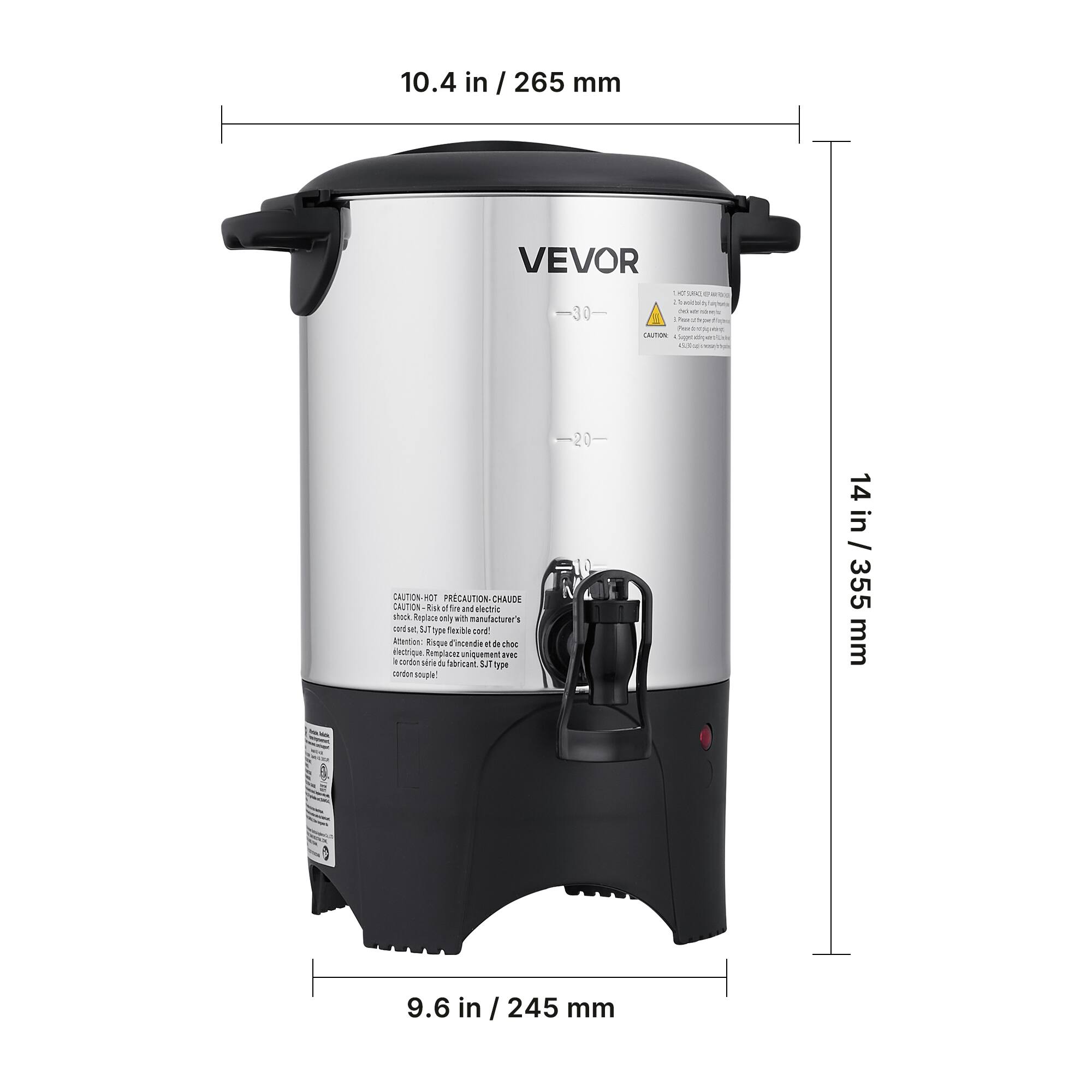 10.4 in / 265 mm  
VEVOR  
30 etik/we - PREEE Laron 1gp - 20  
CAUTION / PRECAUTION / CRAUDE  
CAUTION  
d. a da a ntlectrice -a L fepface anly an manufacturer's ss ot LT 7N Seabe 0 ioo_tasc K Tincendie . de ONKC dntritu Runglain uoniquemant VE  
cardan abra d Tabrisani 1a T cO0N nua  
14 in / 355 mm  
9.6 in / 245 mm