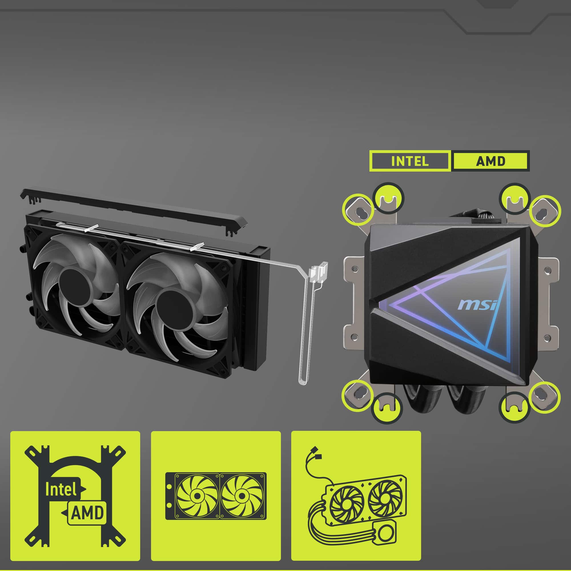 The text on the image reads: "Intel AMD msi Intel AMD." This suggests that the image is showcasing a combination of Intel and AMD components, possibly a graphics card and a CPU. The presence of both Intel and AMD components indicates that the system is designed to support multiple platforms and offer compatibility with different hardware.