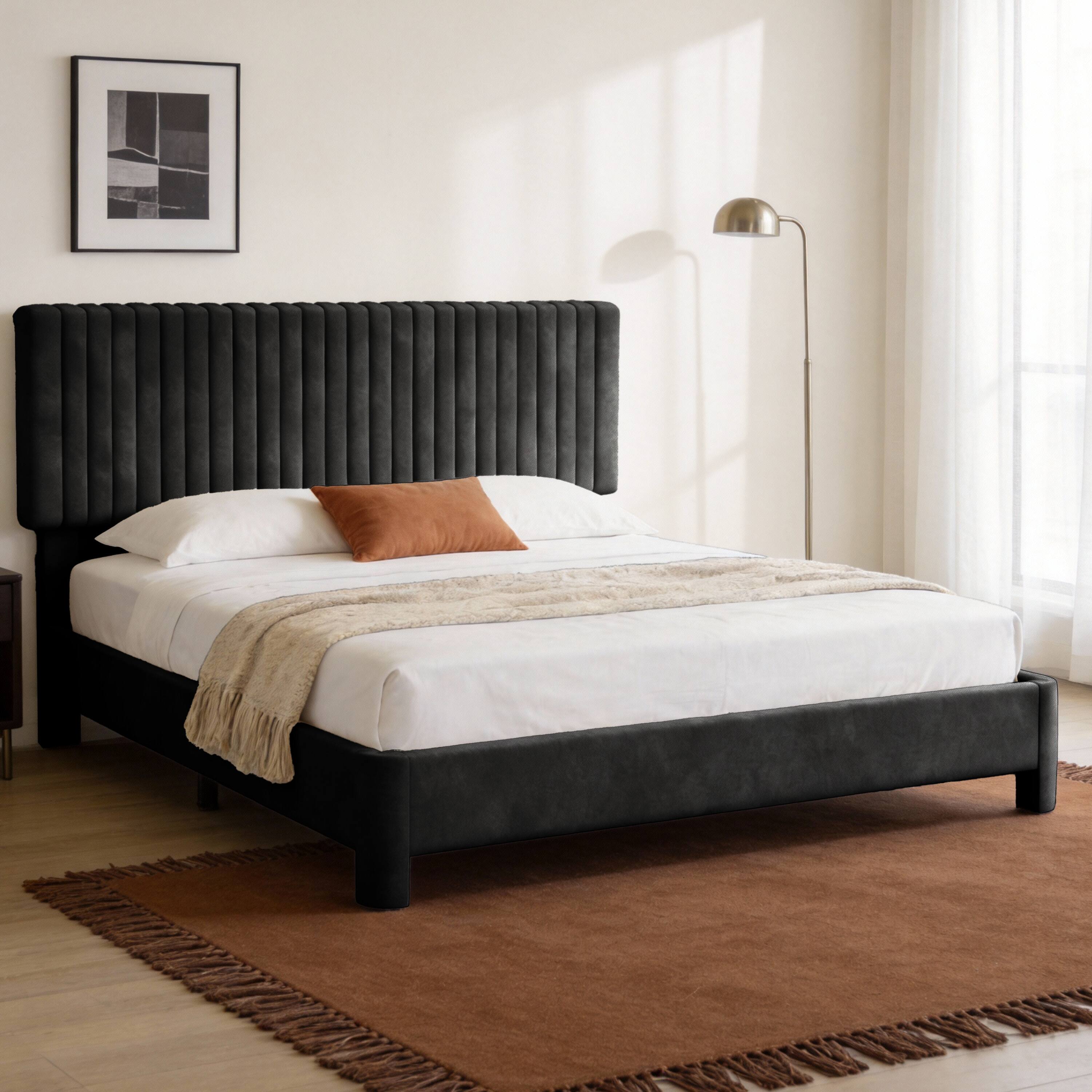 Angle. Dyonery - Upholstered Platform Bed Frame with Velvet Fabric Headboard, Strong Wood Slats, No Box Spring Needed, Easy Assembly - Black.