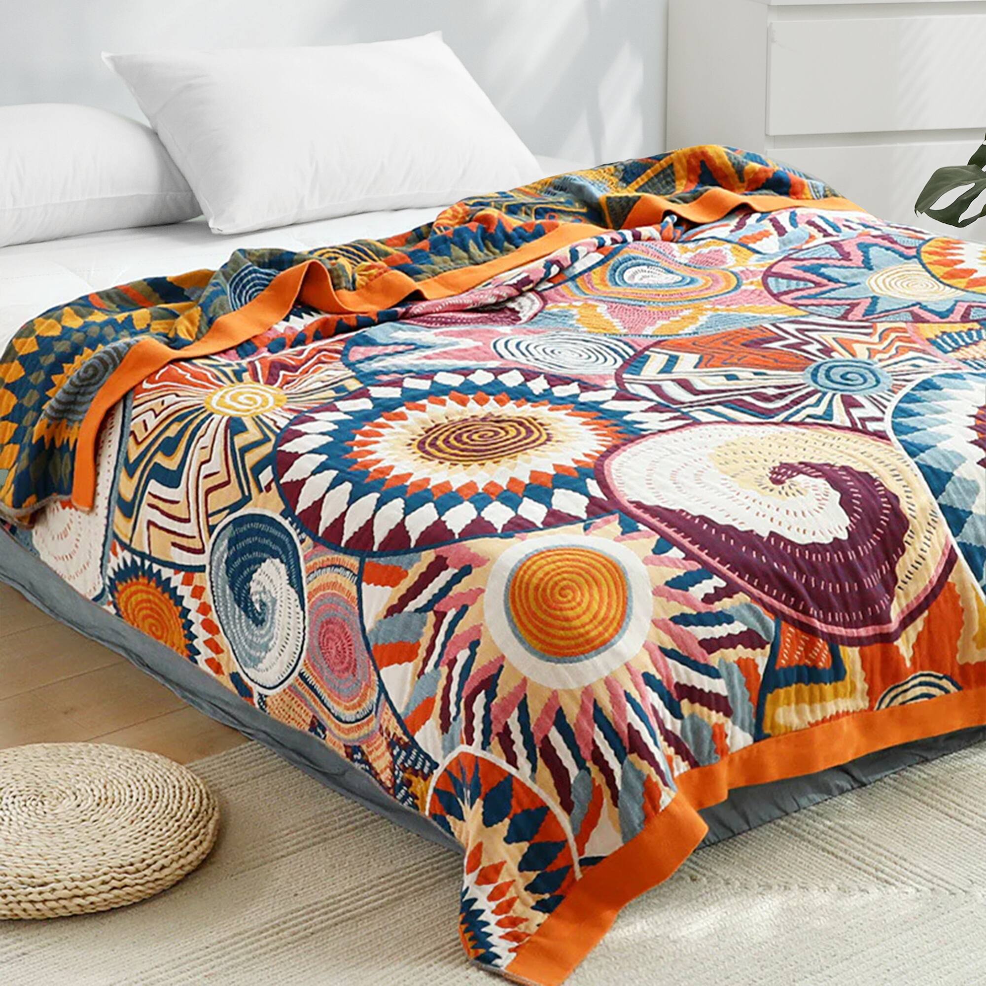 Angle. Peace Nest - Peace Nest 100% Cotton Boho Throw Blanket Rustic Home Decor Sunrise Design, Sunrise, 60x80 inches - Sunrise.