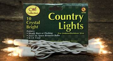 Cwi Collection  
10 Crystal Bright  
Country Lights  
For Indoor/Outdoor Use  

Features:  
- Steady Burn or Flashing  
- 3.625 in. Space Between Bulbs  
- 4.5 ft. Cord  

"Enlighten your home!"