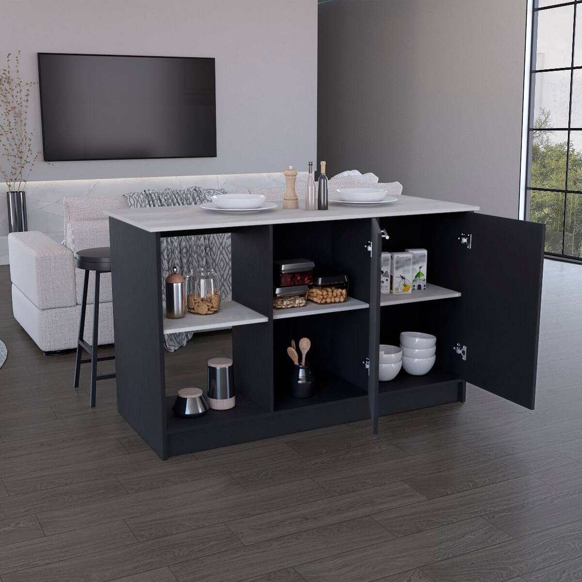 Angle. Loheer - Loheer Black Kitchen Island with Large Countertop and Storage - Black.