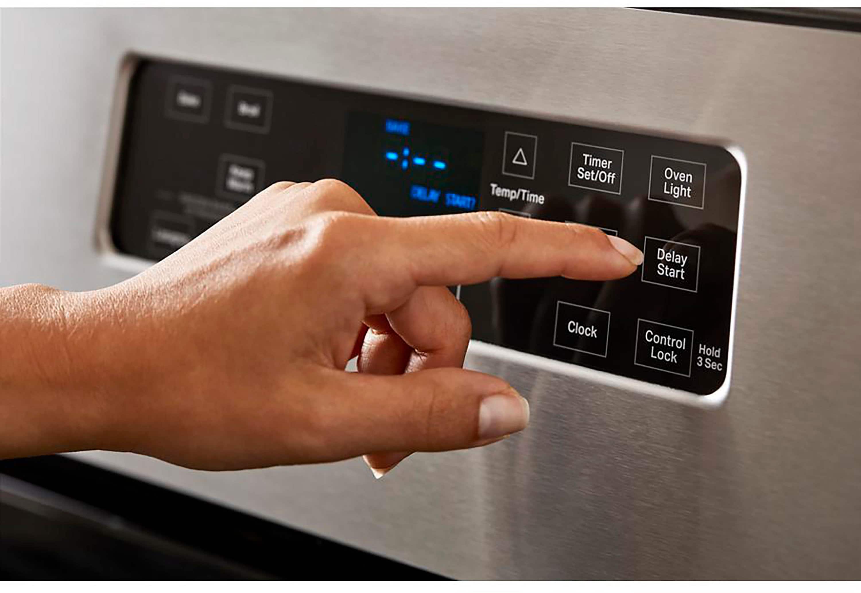 The text on the image reads:
Timer Set/Off
DELAY START
Temp/Time
Oven Light
Delay Start
Clock Control
Lock
Hold 3 Sec