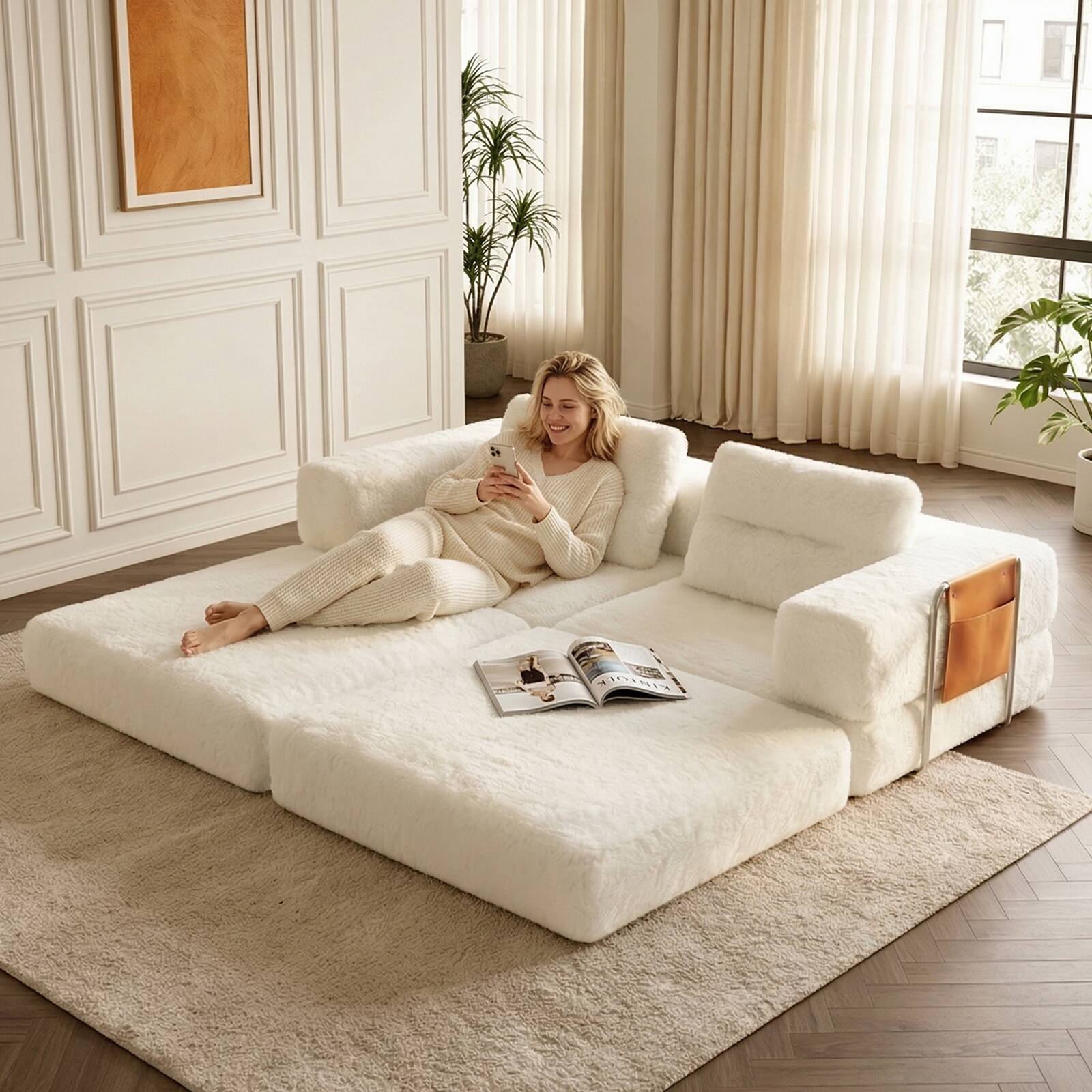 Alt View 6. Pinmoco - 81.5'' Modular Sectional Sleeper Sofa Bed, Convertible L Shaped Couch with Pillows and Storage - White.