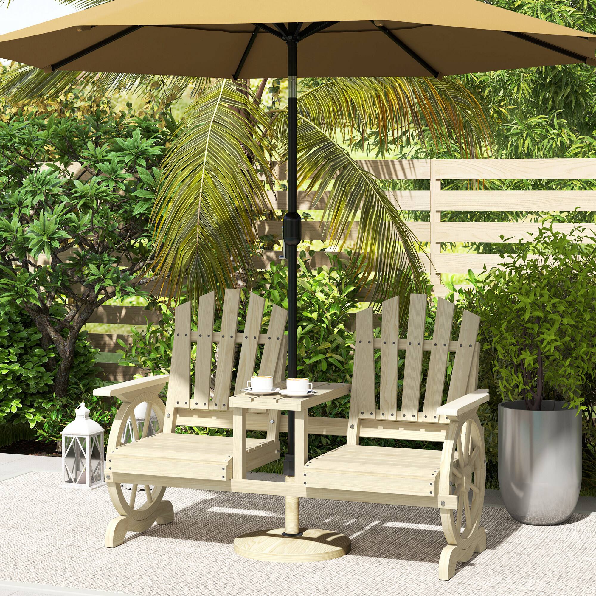 Alt View 8. Outsunny - Wooden Garden Bench with Table, Umbrella Hole, 2-Seat Wagon Wheel Outdoor Bench with Slatted Seat, High Backrest - Natural Wood.