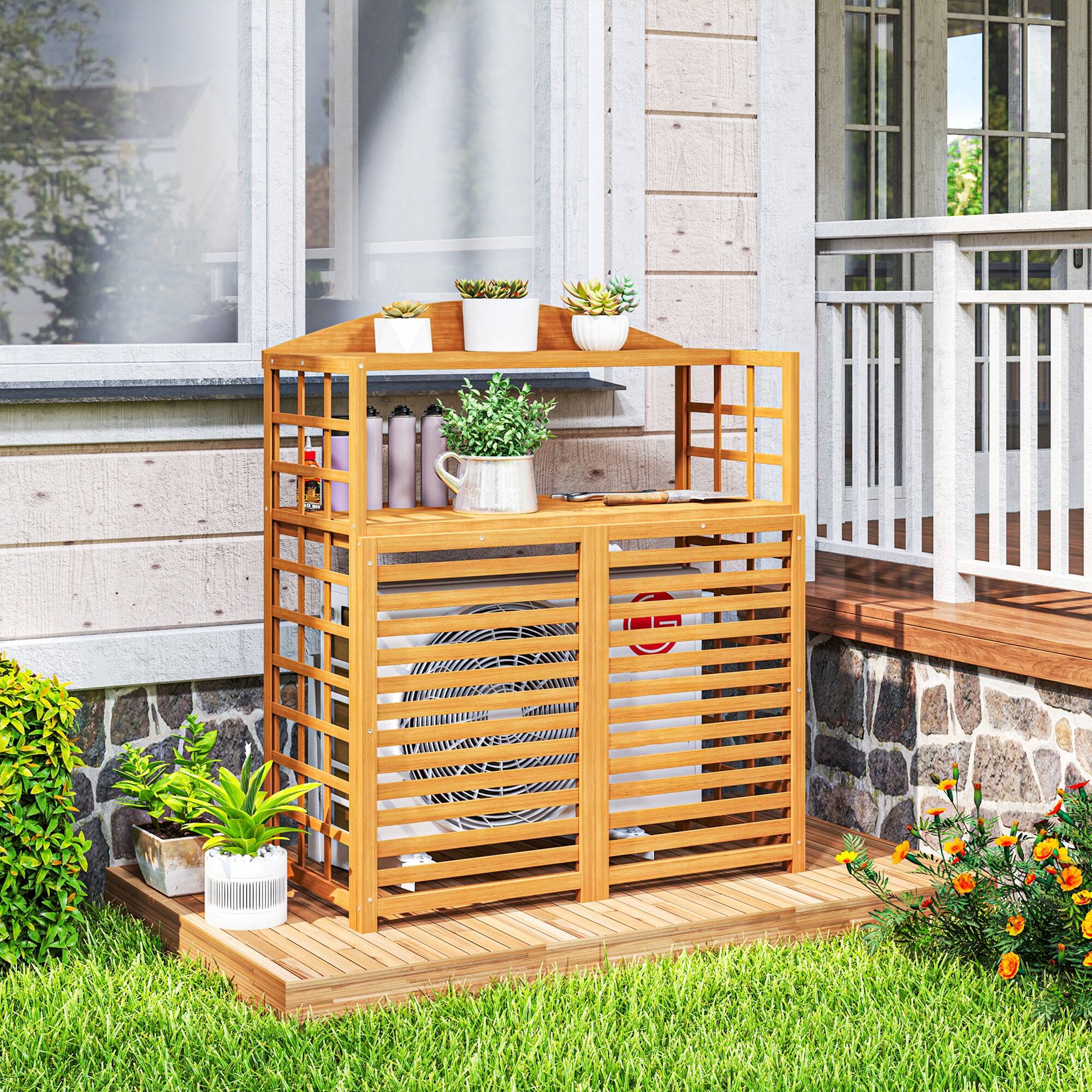Alt View 7. Outsunny - Outdoor Air Conditioner Fence with Open Shelves, Wood Outdoor Privacy Screen Potting Table, Pool Equipment Enclosure - Light Brown.