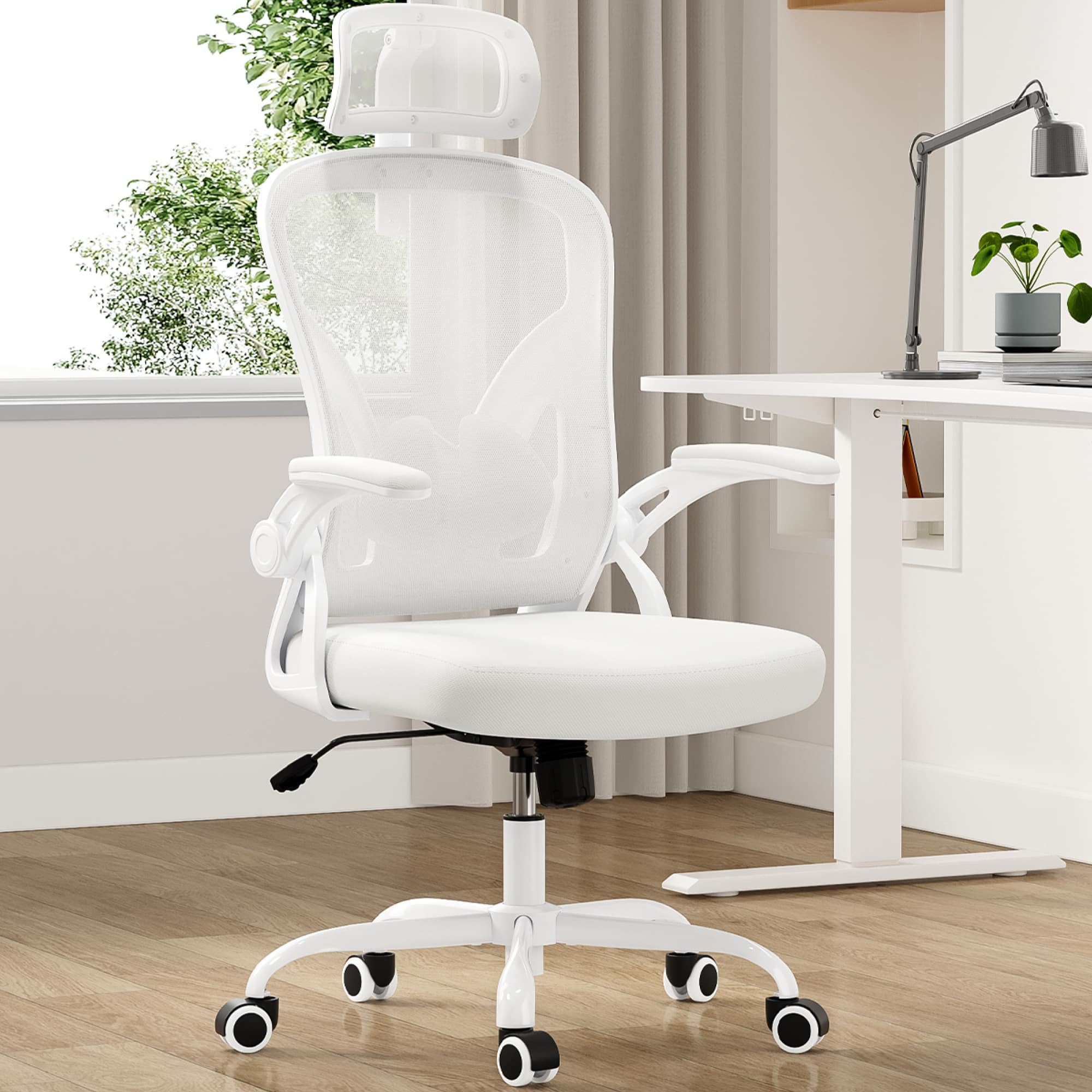 GOODSILO - Ergonomic High-Back Mesh Office Chair with Adjustable Lumbar Support and Flip-Up Armrests - White