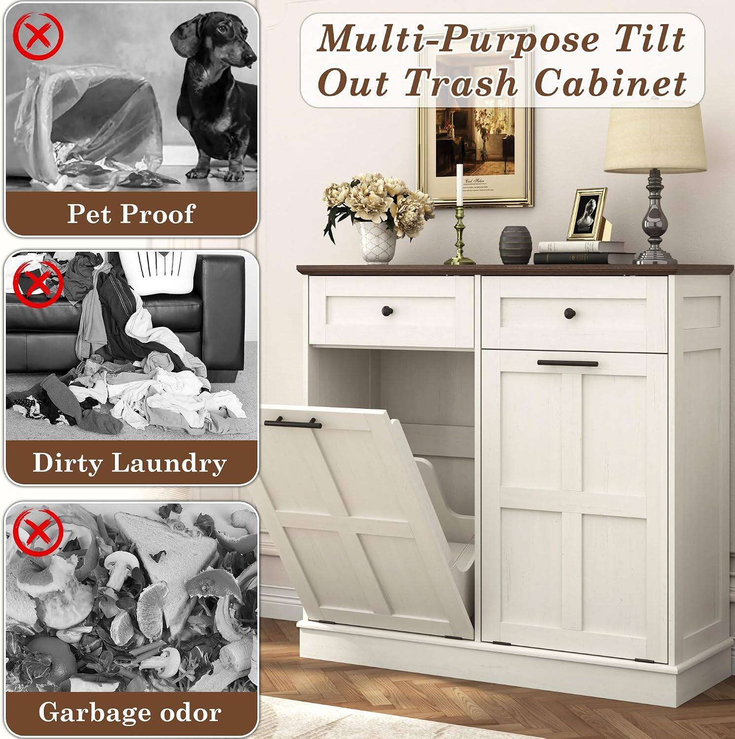 Multi-Purpose Tilt Out Trash Cabinet

Pet Proof

Dirty Laundry

Garbage odor