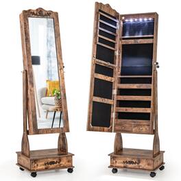 Gymax - Armoire Full Length LED Mirror Lockable Rolling Jewelry Cabinet W/ Drawer - Coffee