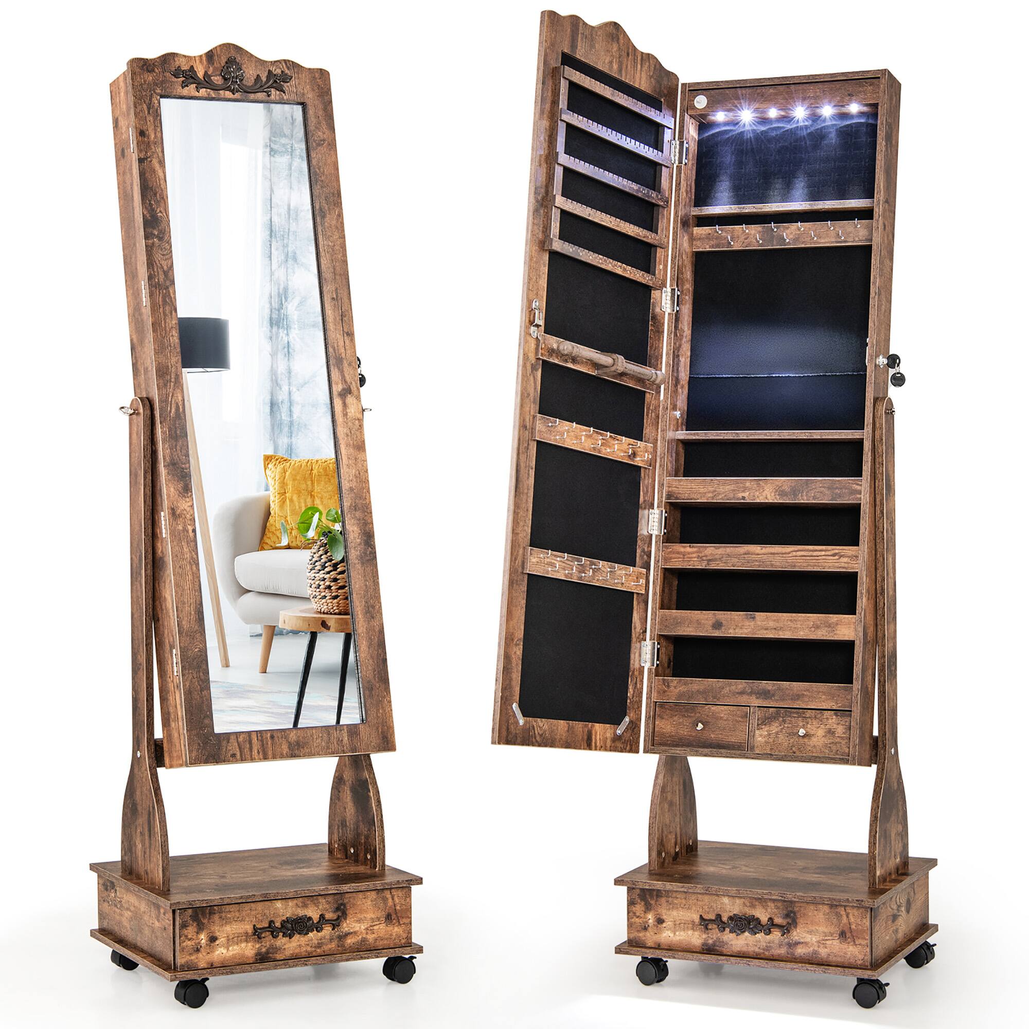 Front. Gymax - Gymax Armoire Full Length LED Mirror Lockable Rolling Jewelry Cabinet W/ Drawer - Coffee.