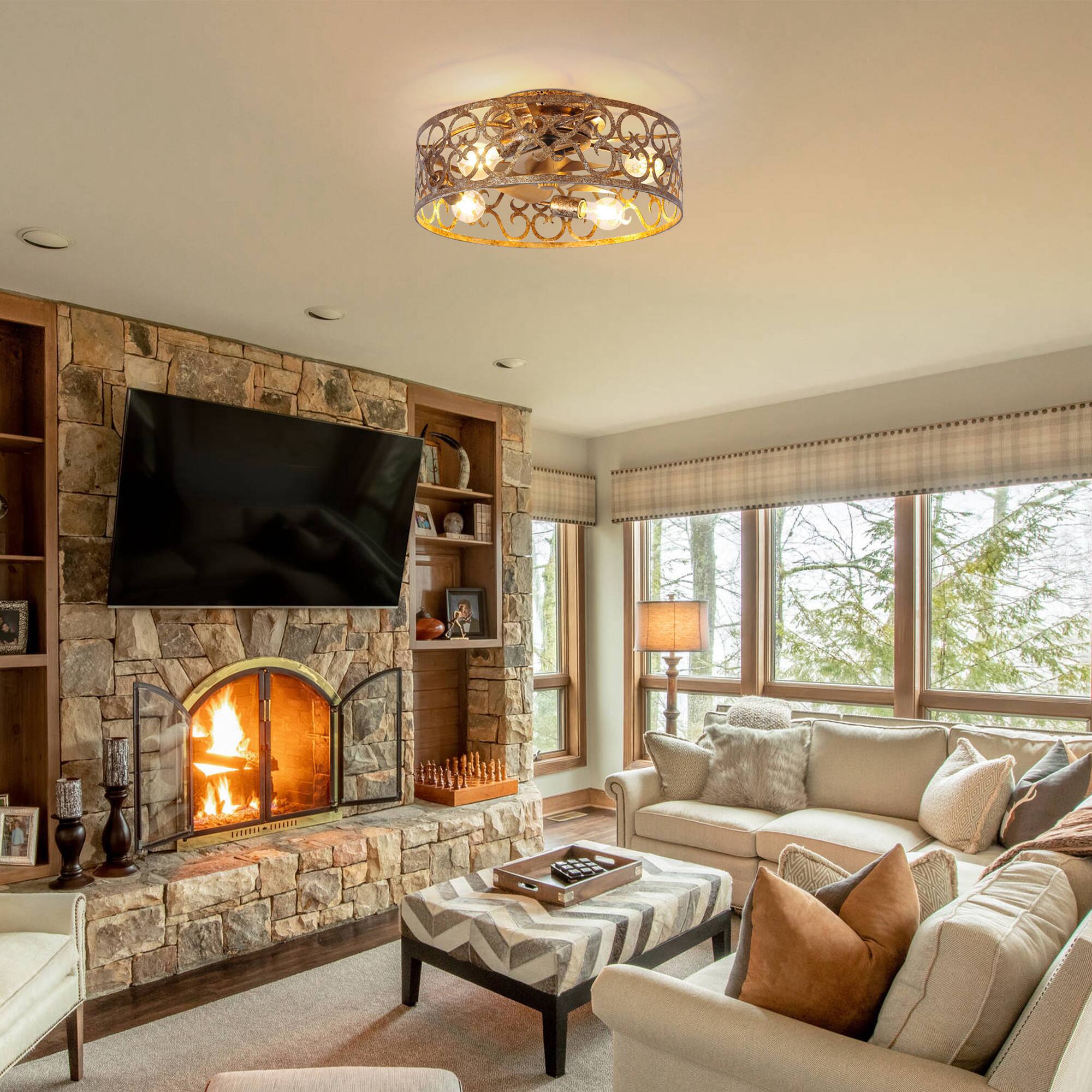 Left. Parrot Uncle - 18" Metal Caged Smart Ceiling Fan with Light and Remote and App Control - Rustic Gold.