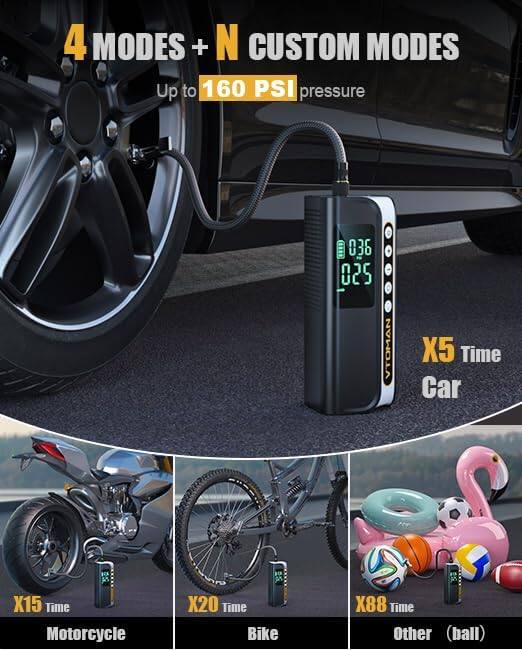 4 MODES + N CUSTOM MODES  
Up to 160 PSI pressure  

X5 Time Car  
X15 Time Motorcycle  
X20 Time Bike  
X88 Time Other (ball)