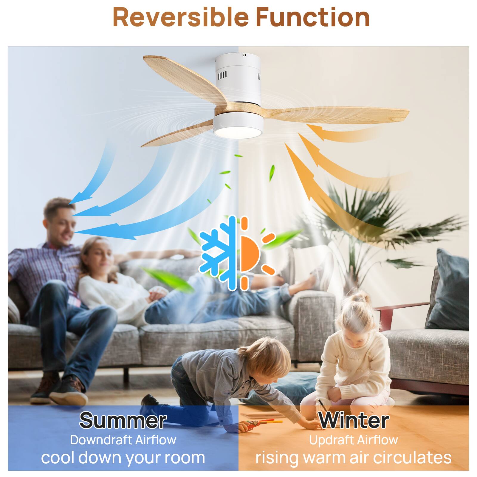 Reversible Function

Summer  
Downdraft Airflow  
cool down your room

Winter  
Updraft Airflow  
rising warm air circulates