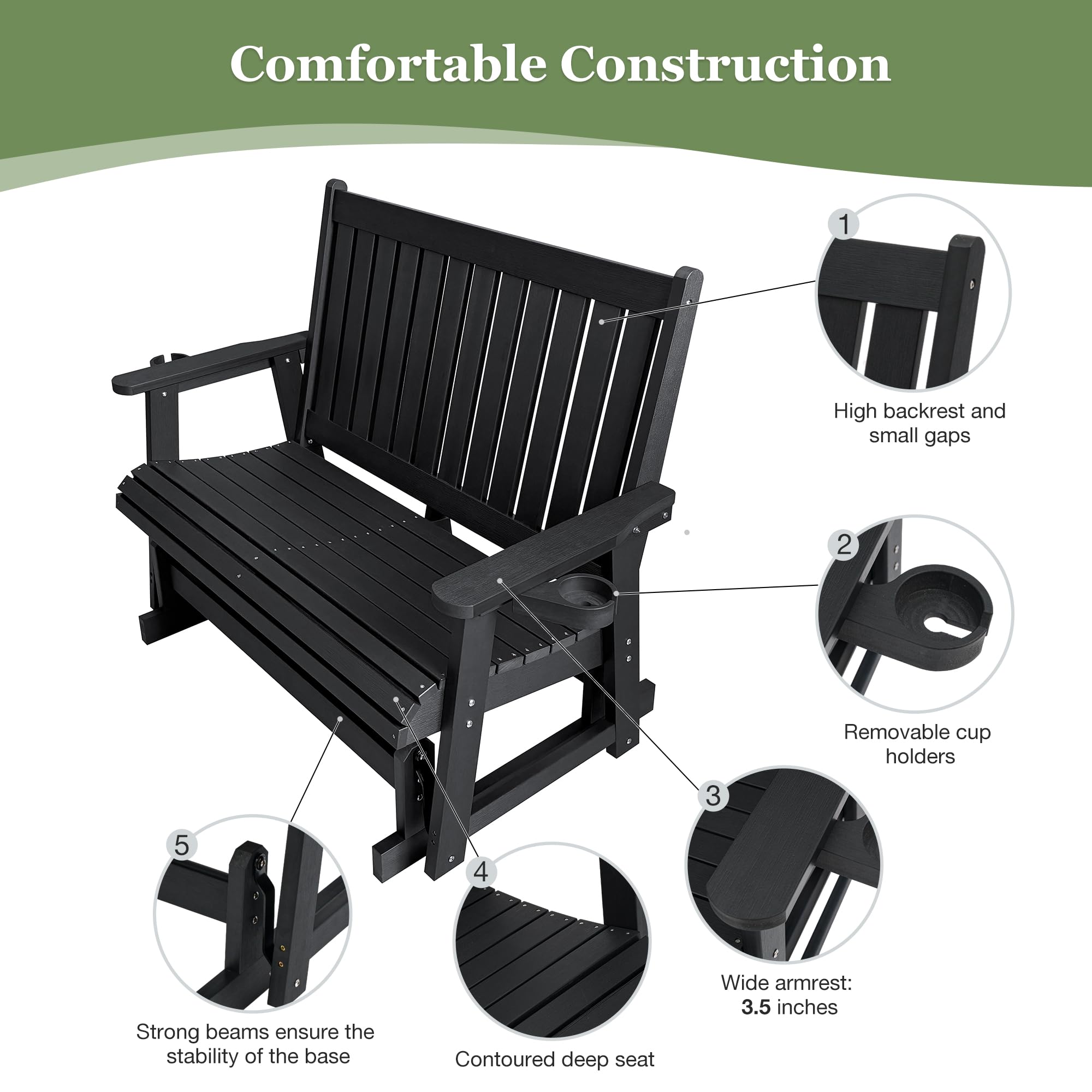 Comfortable Construction

1. High backrest and small gaps
2. Removable cup holders
3. Wide armrest: 3.5 inches
4. Contoured deep seat
5. Strong beams ensure the stability of the base