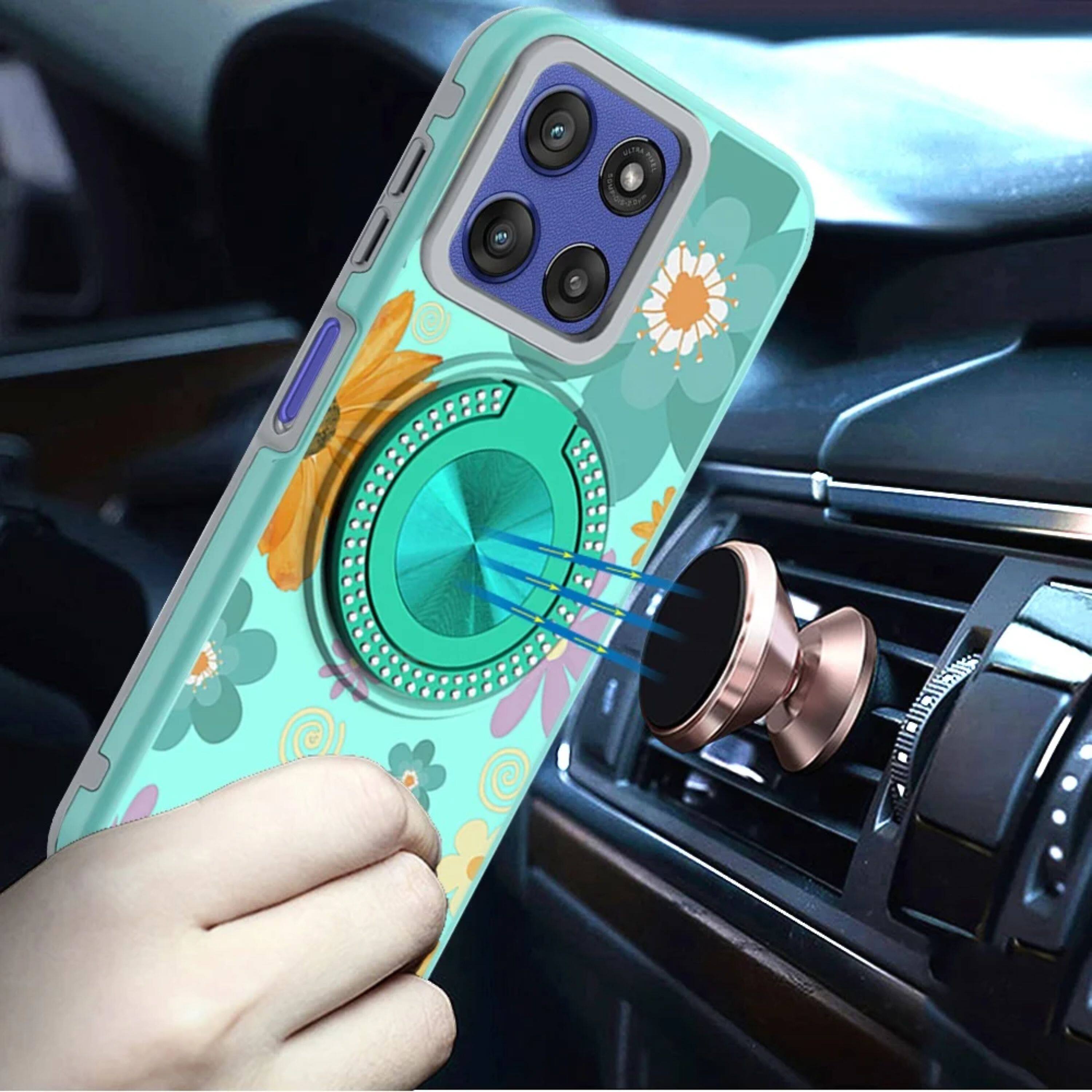 Angle. Kitcheniva - Printed Design Bling 360 Stand Case Plus Tempered Glass For Moto G Stylus 2026/2025 Aqua Floral & Leaves - Multicolor.