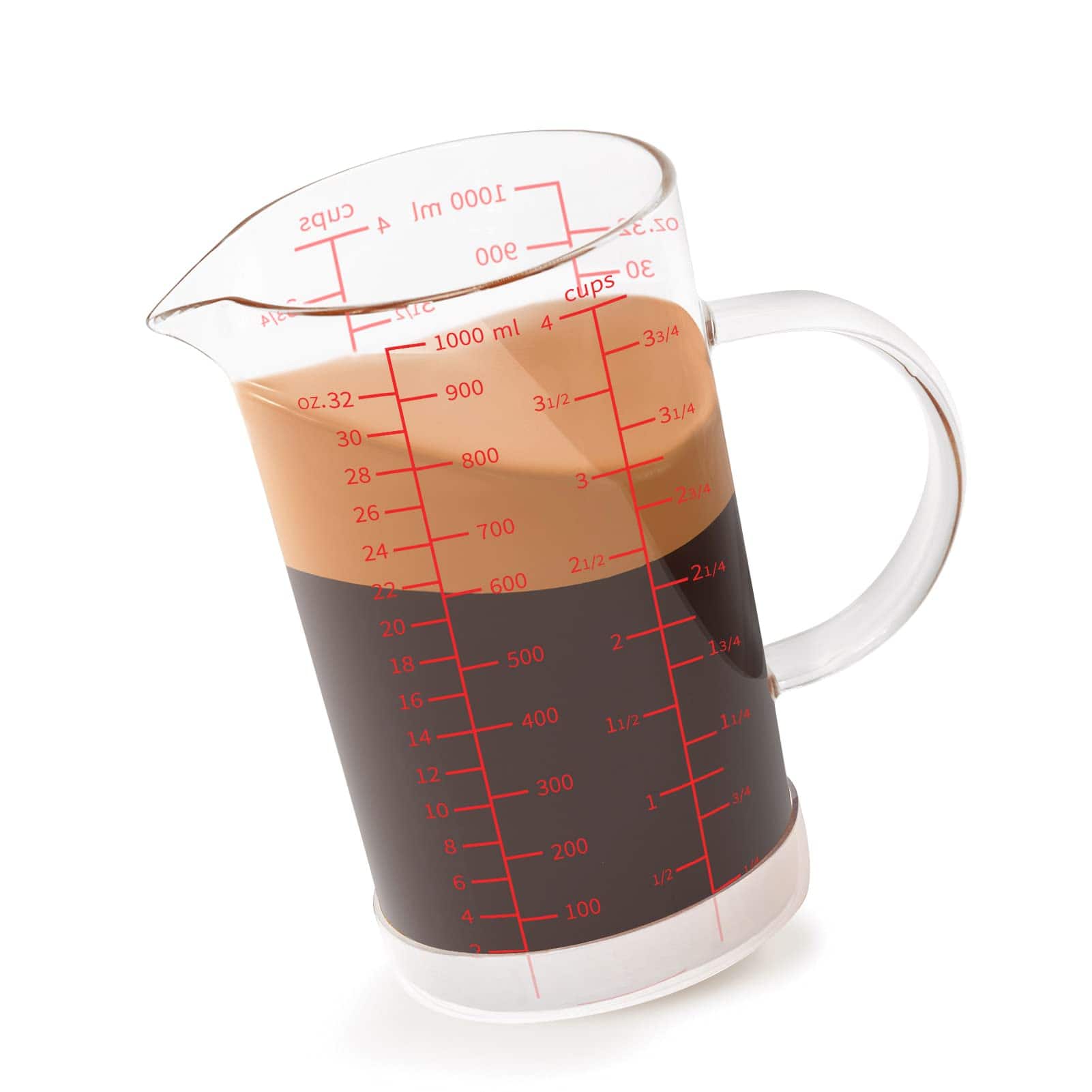 Dapper Styles - Glass Measuring Cup With Handle (0.5 Liter 2 Cup) Three Scales (oz Ml/cc) And V-shaped Spout Beaker For Kit - Red Measuring Scale-4 Cup, 1000 ML