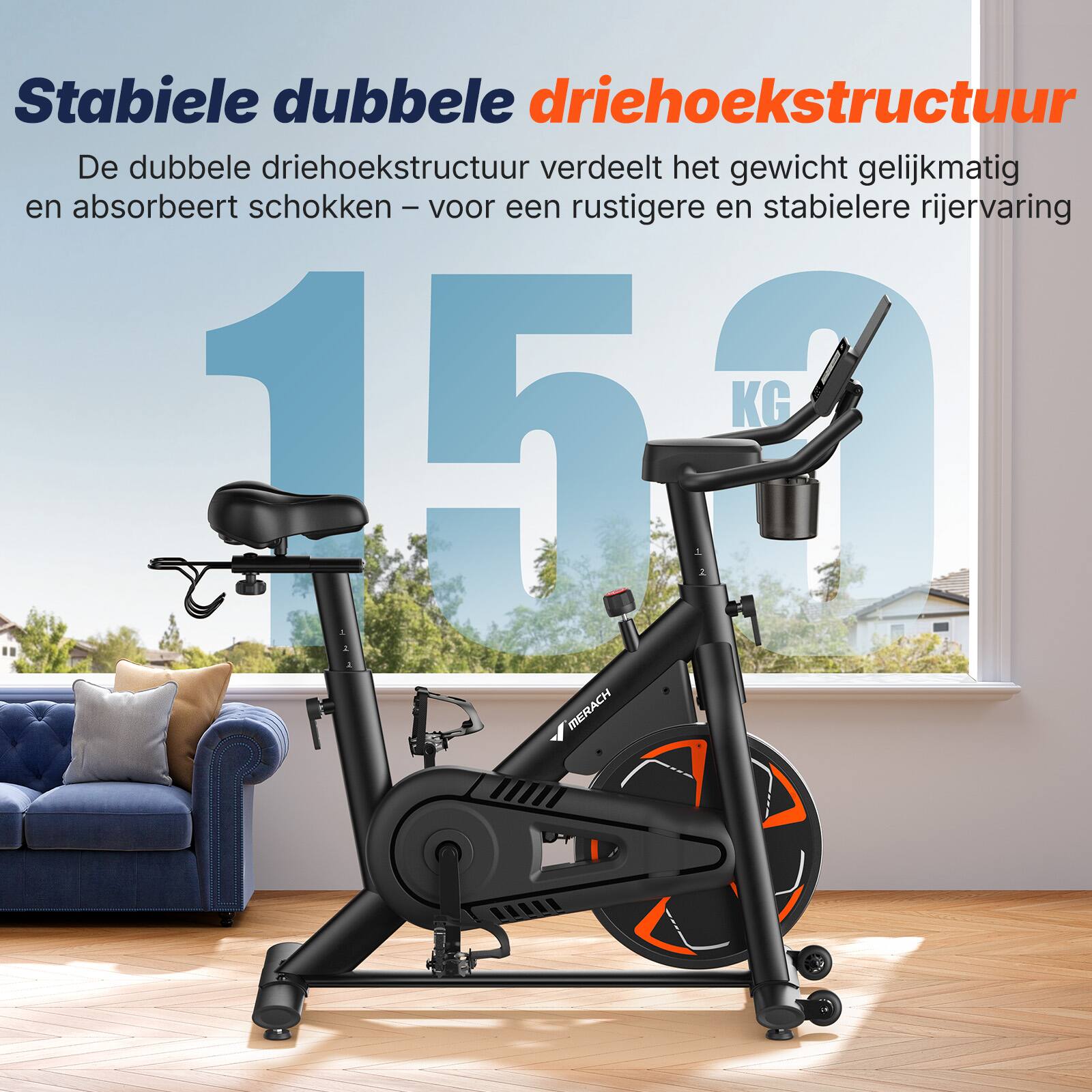 Stabiele dubbele driehoekstructuur  
De dubbele driehoekstructuur verdeelt het gewicht gelijkmatig en absorbeert schokken - voor een rustiger en stabielere rijervaring  
150 KG