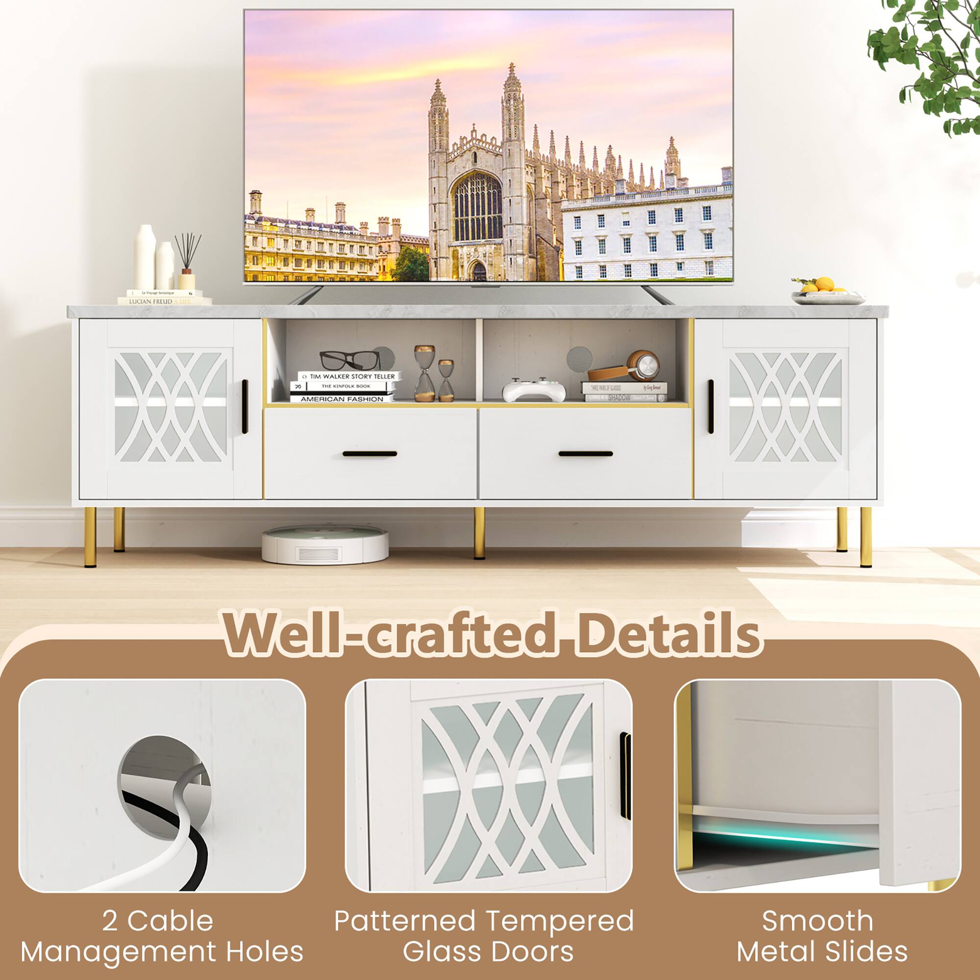 Well-crafted Details, 2 Cable Management Holes, Patterned Tempered Glass Doors, Smooth Metal Slides