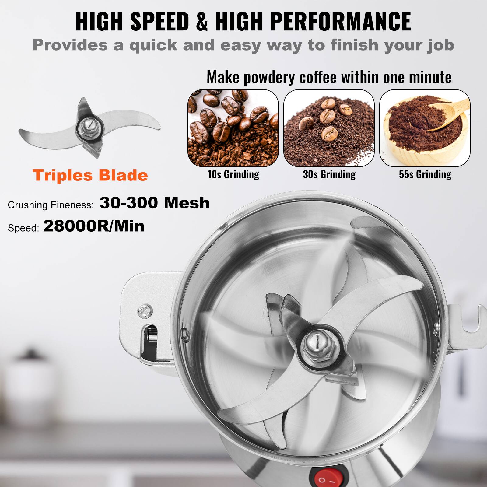HIGH SPEED & HIGH PERFORMANCE  
Provides a quick and easy way to finish your job  
Make powdery coffee within one minute  

Triples Blade  
Crushing Fineness: 30-300 Mesh  
Speed: 28000R/Min  

10s Grinding  
30s Grinding  
55s Grinding
