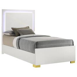 Manhattan Lane - Dex Twin Size Bed with LED Framed Headboard, White Wood Finish, Gold Legs - White, Gold