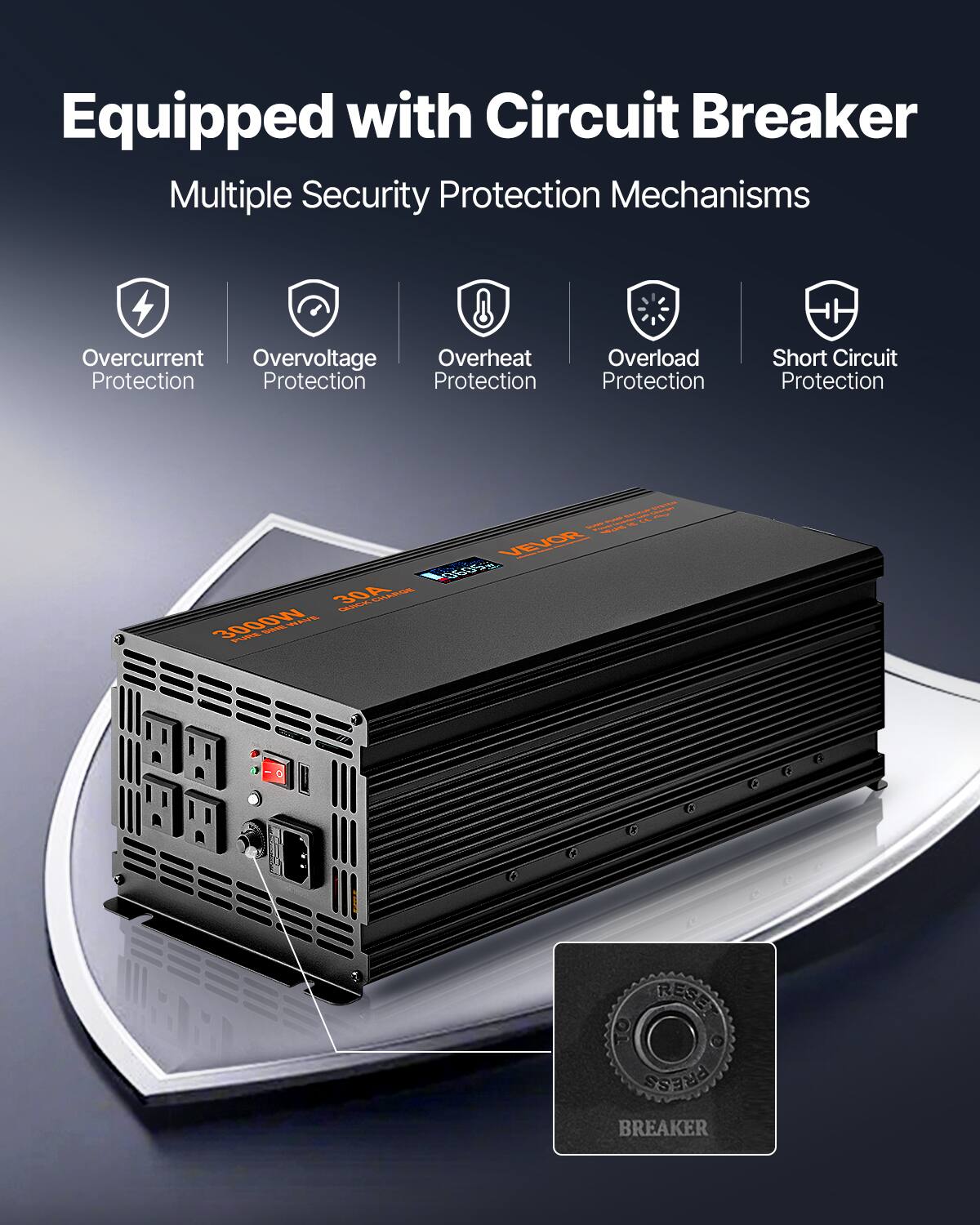 Equipped with Circuit Breaker  
Multiple Security Protection Mechanisms  
- Overcurrent Protection  
- Overvoltage Protection  
- Overheat Protection  
- Overload Protection  
- Short Circuit Protection  

30A 3000W PURE SINEWAVE  
VEVOR 0605g  
RESET PRESS BREAKER