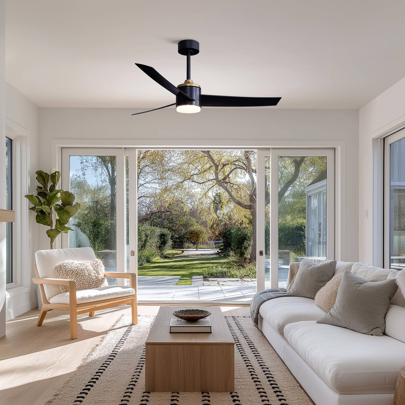 Back. Siljoy - 52 Inch 3 Blade Modern Industrial Ceiling Fan Matte Black and Gold Finish with LED Light for Bedroom Living Room - Matte Black and Gold.