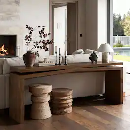 Loheer - 65-Inch Solid Wood Veneer Console Table, Long Farmhouse Entryway Sofa Table, Rustic Brown - Deep Rustic Brown