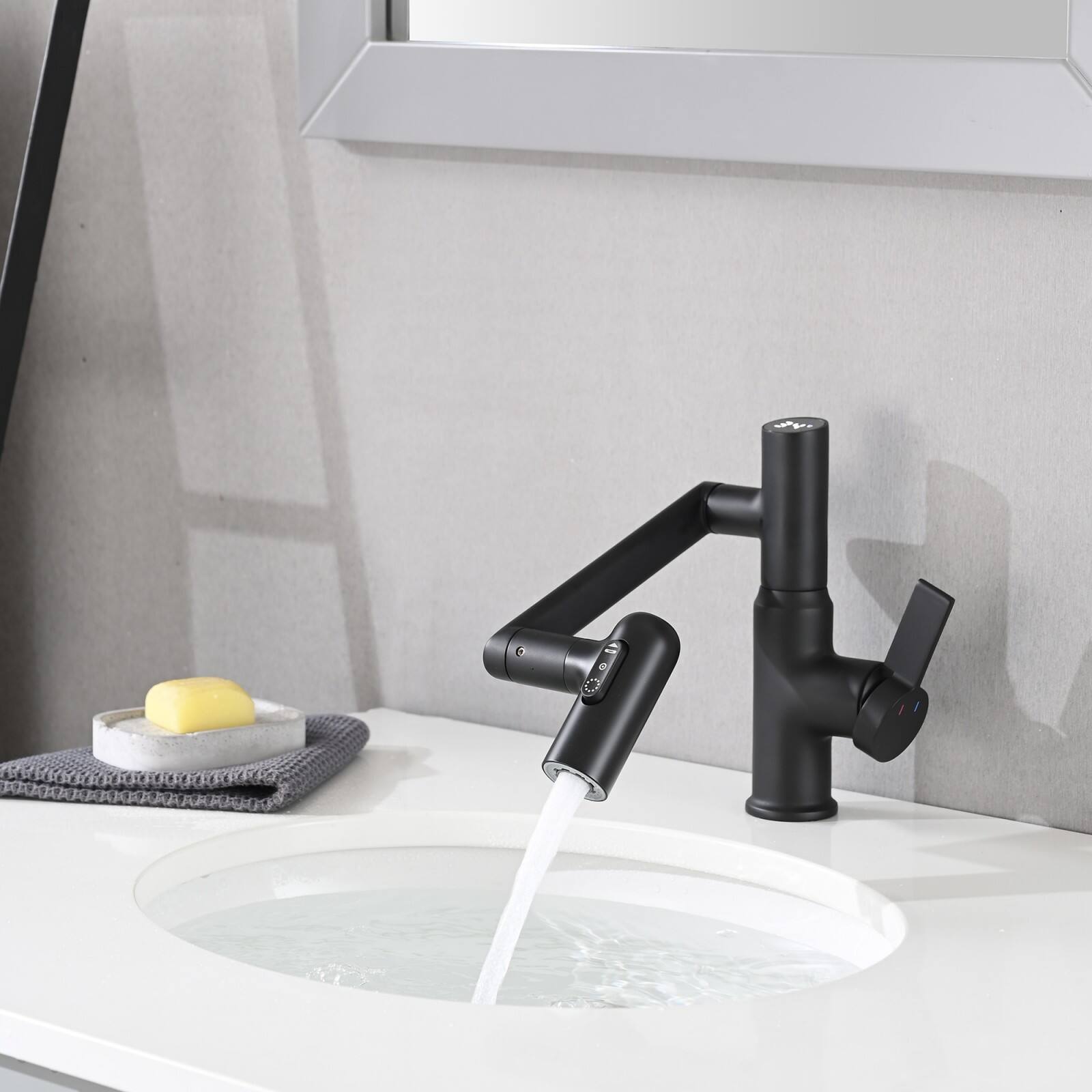 Alt View 4. Glintex - Bathroom Sink Faucet with Spray, Temperature Display, Anti-Slip Switch, Hot & Cold Controls, and 360° Swivel Spout - Matte Black.