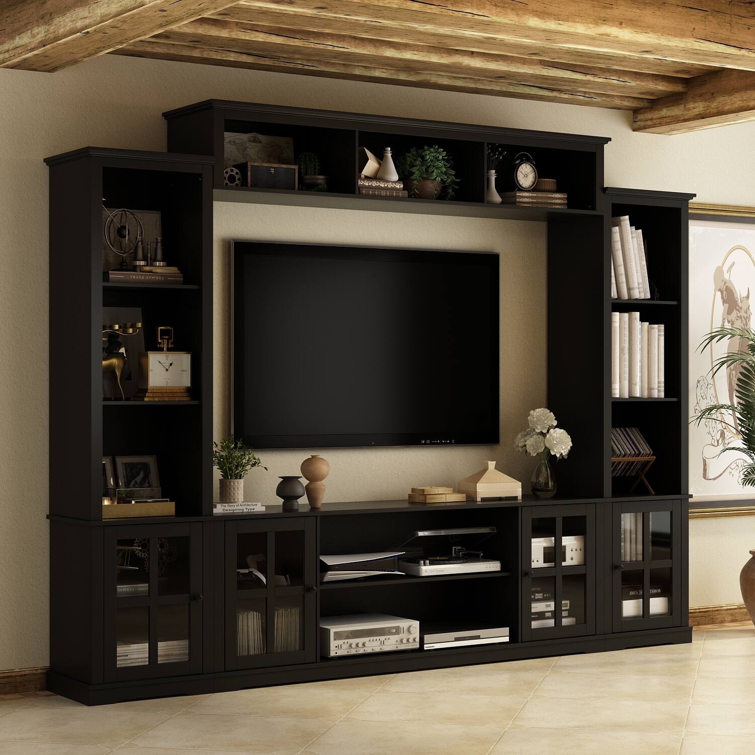Left. Famapy - Famapy Entertainment Center for TVs Up to 70 Inches, Wall Unit with Storage Shelves & Glass Doors TV Stands - Black.