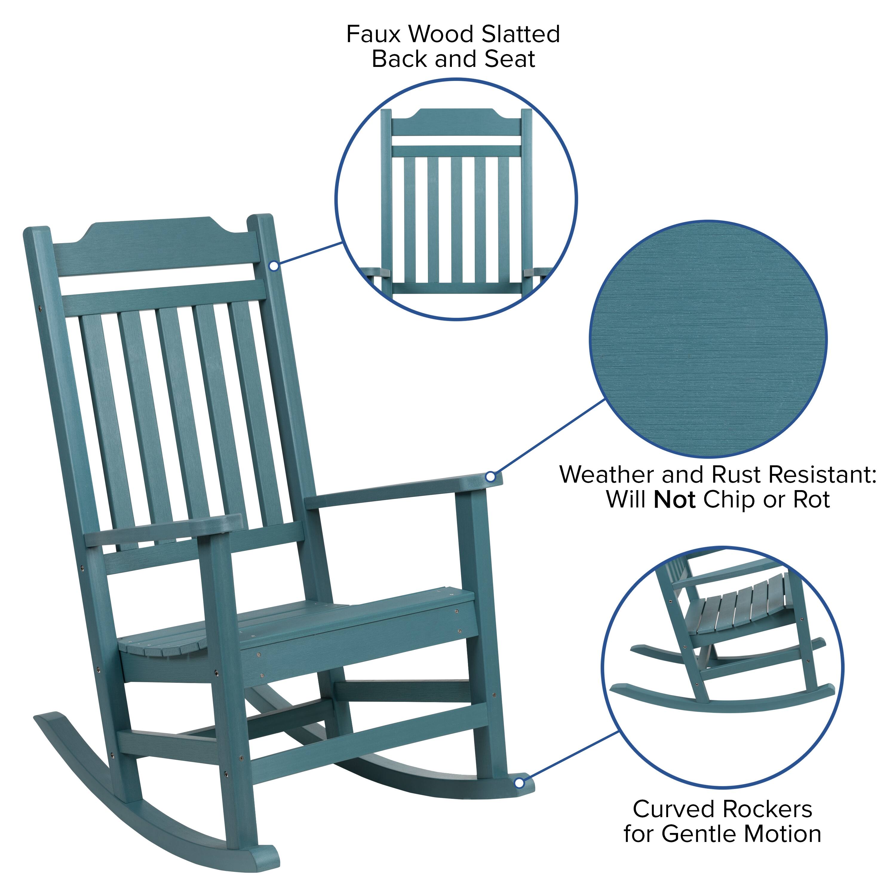 Faux Wood Slatted Back and Seat  
Weather and Rust Resistant: Will Not Chip or Rot  
Curved Rockers for Gentle Motion