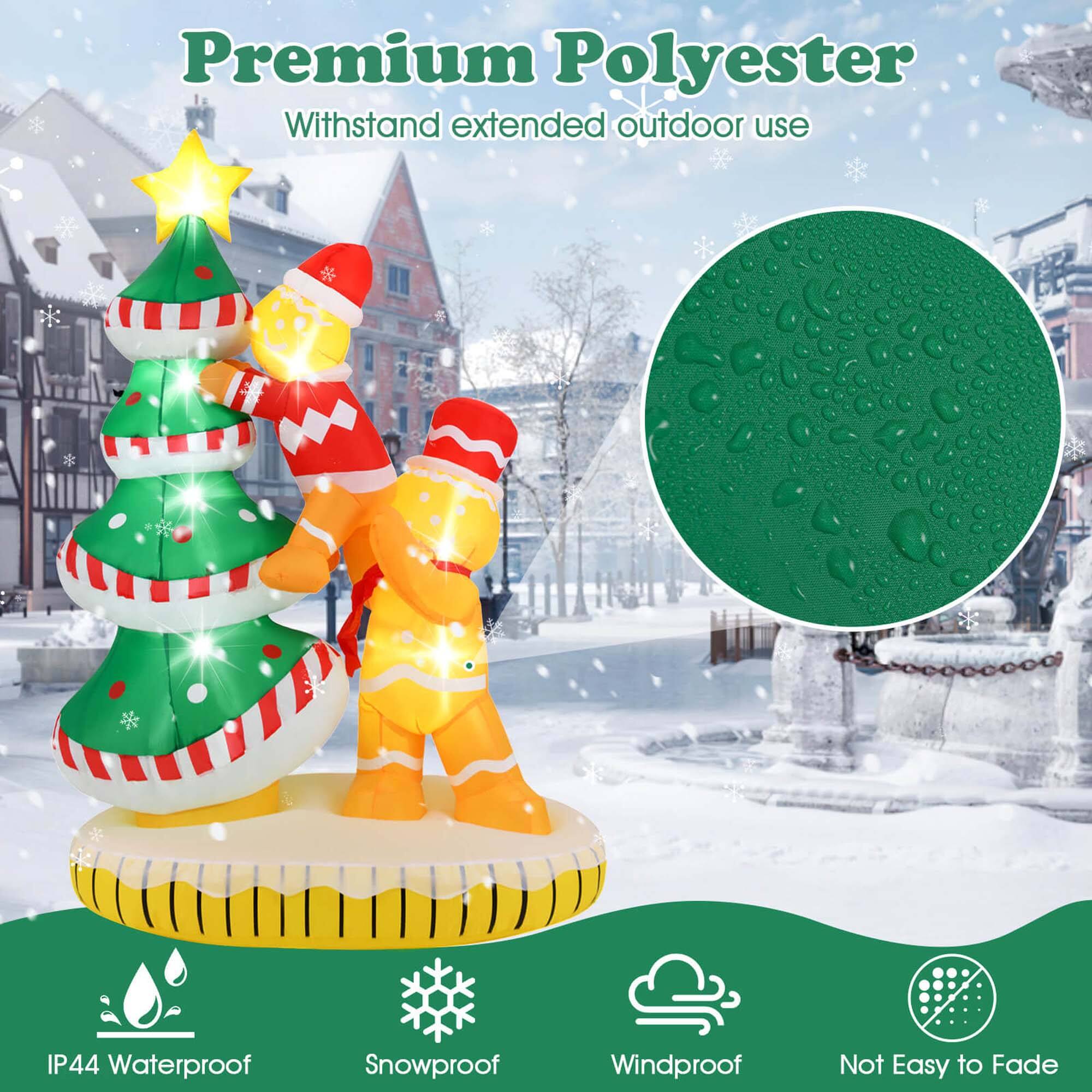Premium Polyester withstands extended outdoor use. It is IP44 waterproof, snowproof, windproof, and not easy to fade.