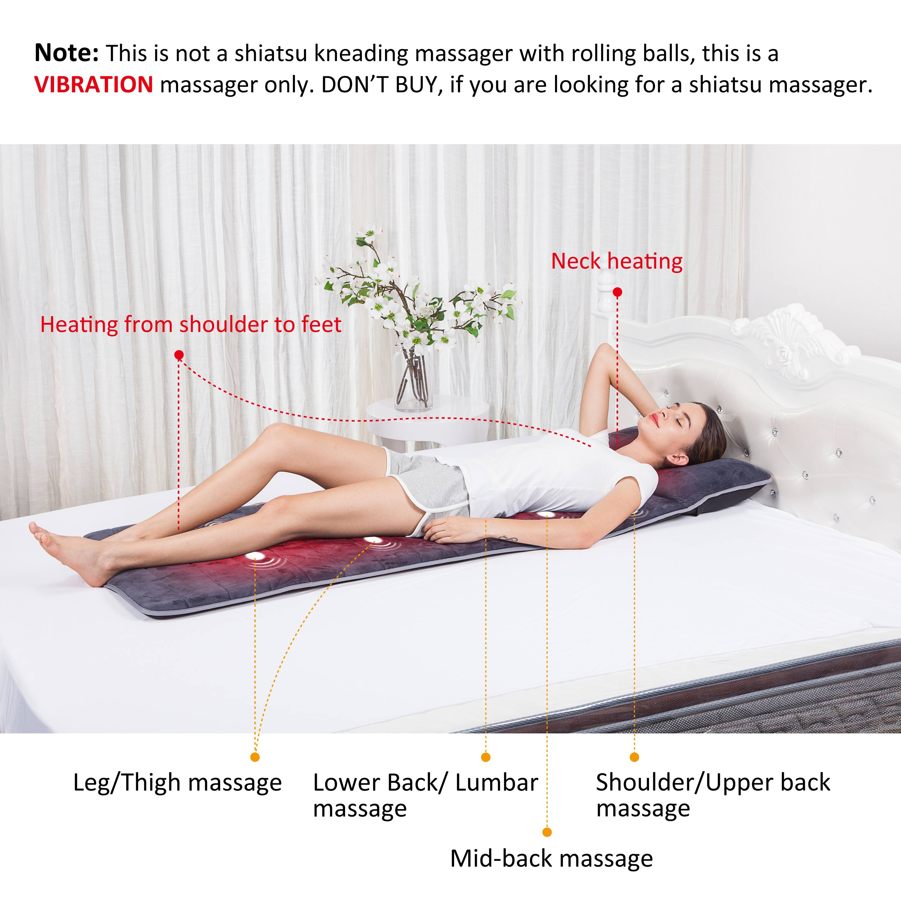 Note: This is not a shiatsu kneading massager with rolling balls, this is a VIBRATION massager only. DON'T BUY, if you are looking for a shiatsu massager. Neck heating Heating from shoulder to feet Leg/Thigh massage Lower Back/ Lumbar Shoulder/Upper back massage Mid-back massage
