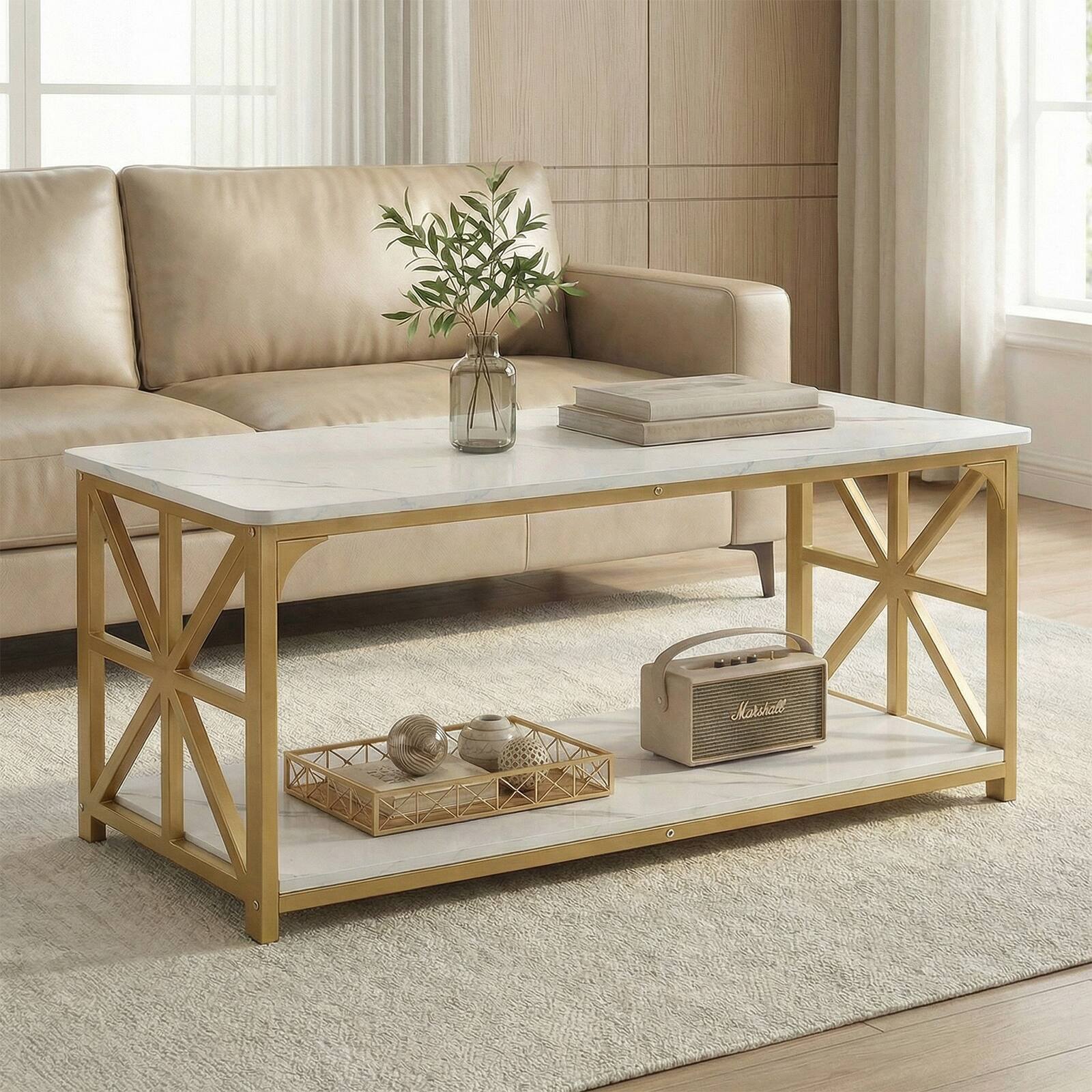 Alt View 1. Costway - Costway 2-Tier Coffee Table, Industrial Accent Table with Dual Star-shaped Metal Frames - White & Gold.