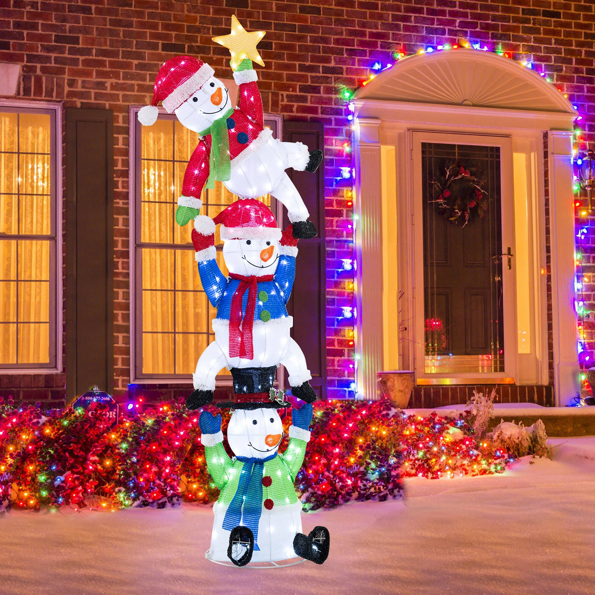 Alt View 3. Gymax - Gymax 6 ft 3D Pre-Lit Christmas Stacked Snowman w/ 155 LED Lights Zip Ties & Stakes - Multicolor.