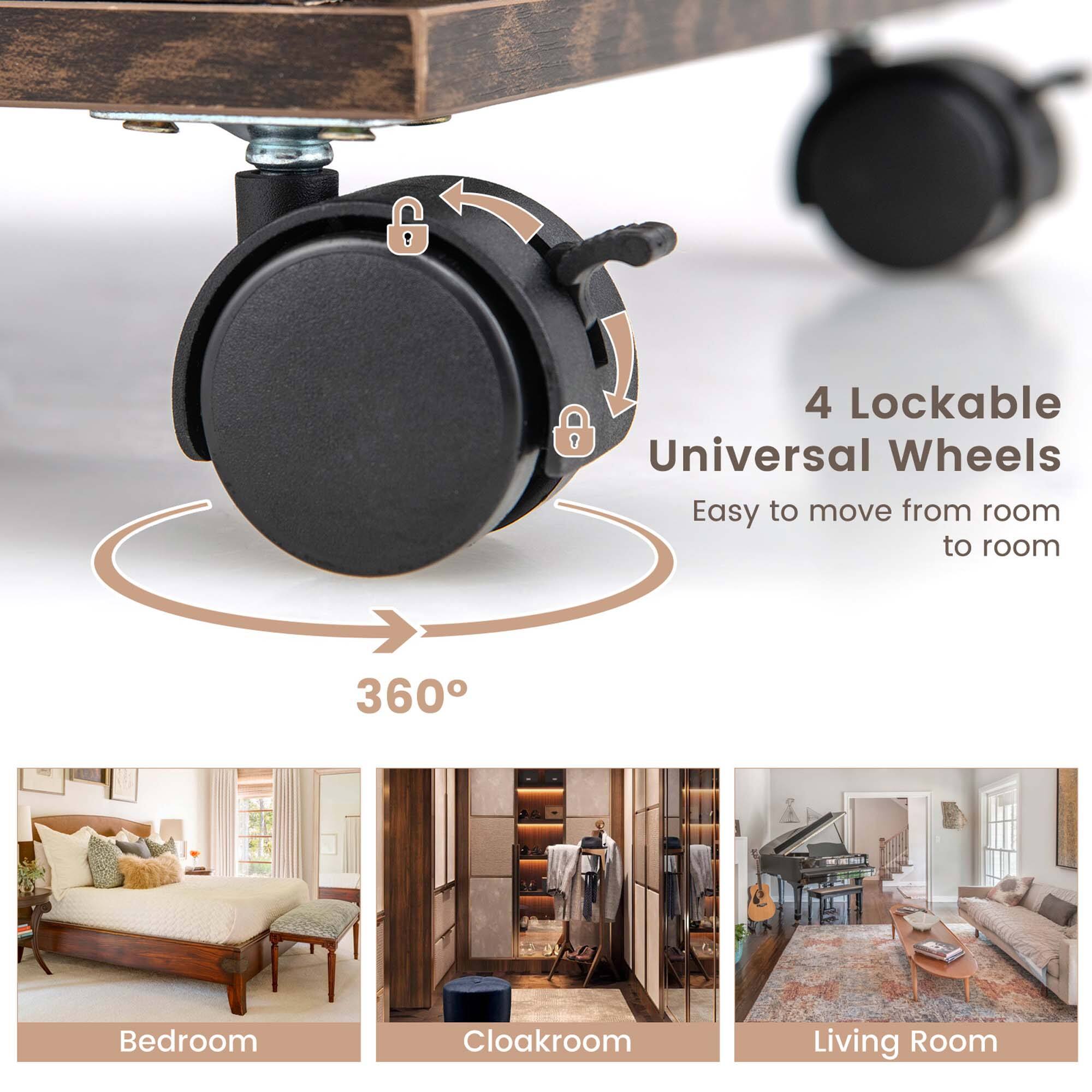 The text on the image is grouped and corrected as follows:
"4 Lockable Universal Wheels Easy to move from room to room 360° Bedroom, Cloakroom, Living Room."