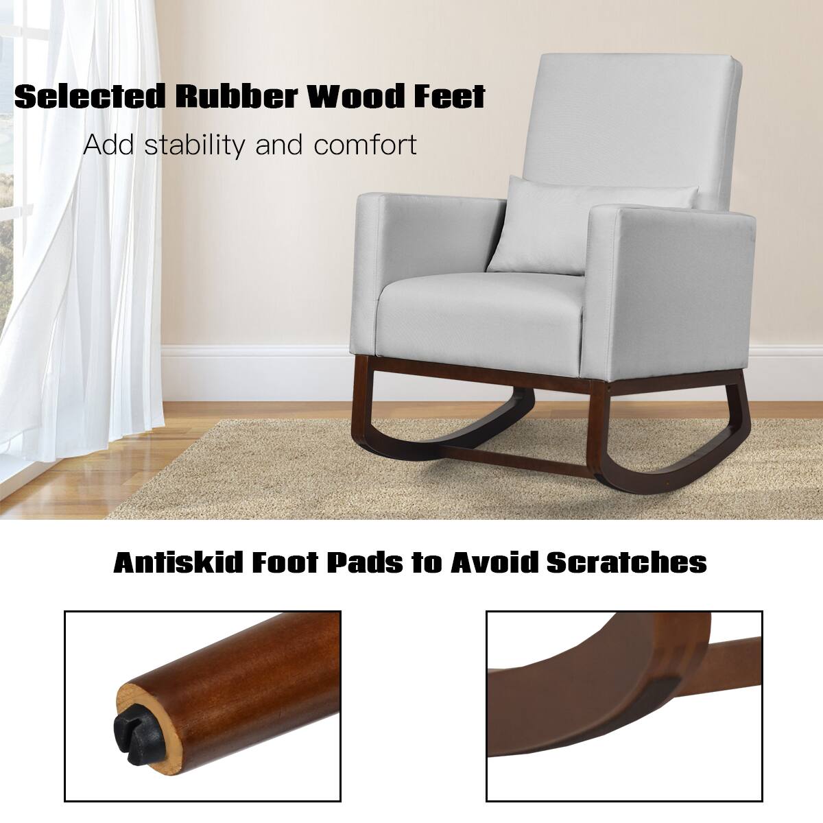 Selected Rubber Wood Feet  
Add stability and comfort  

Antiskid Foot Pads to Avoid Scratches