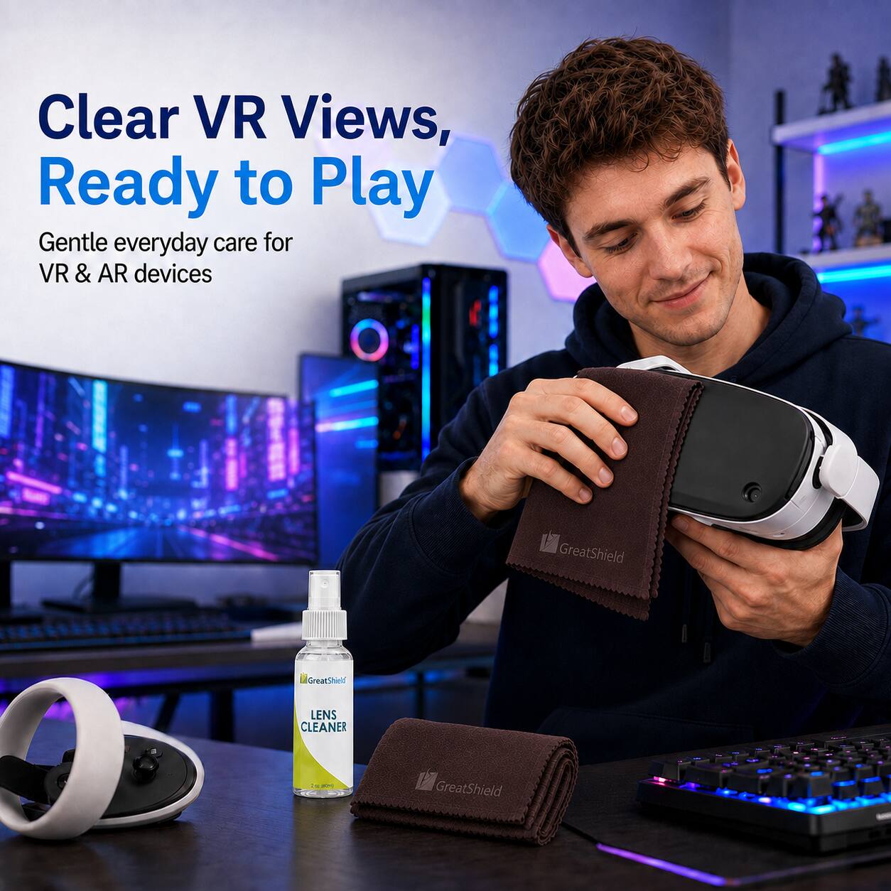 Clear VR Views, Ready to Play  
Gentle everyday care for VR & AR devices  
GreatShield LENS CLEANER N