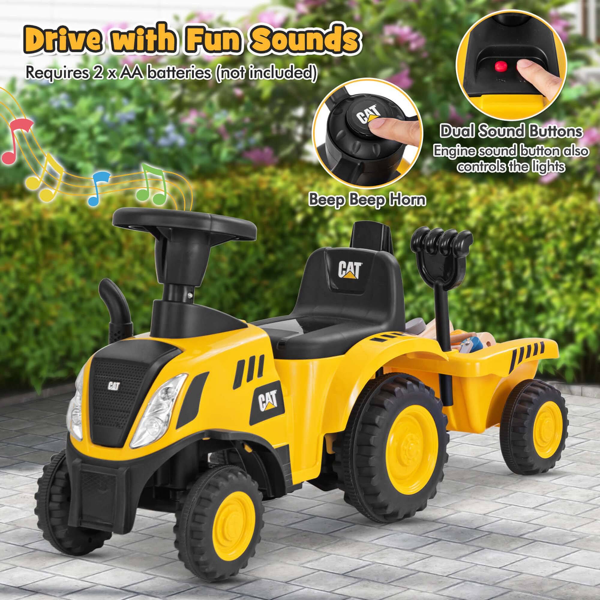 Drive with Fun Sounds  
Requires 2 x AA batteries (not included)  

Dual Sound Buttons  
Engine sound button also controls the lights  

Beep Beep Horn  

CAT