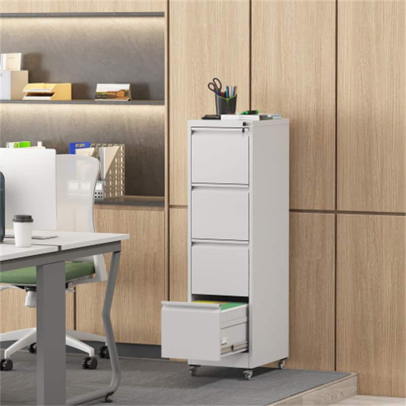 HTUTWOO - Metal Locking Vertical File Cabinet - 4 Drawer Heavy-Duty Lockable Cabinet for Home on Wheels, 17.71"D15.16"W52.28"H - White