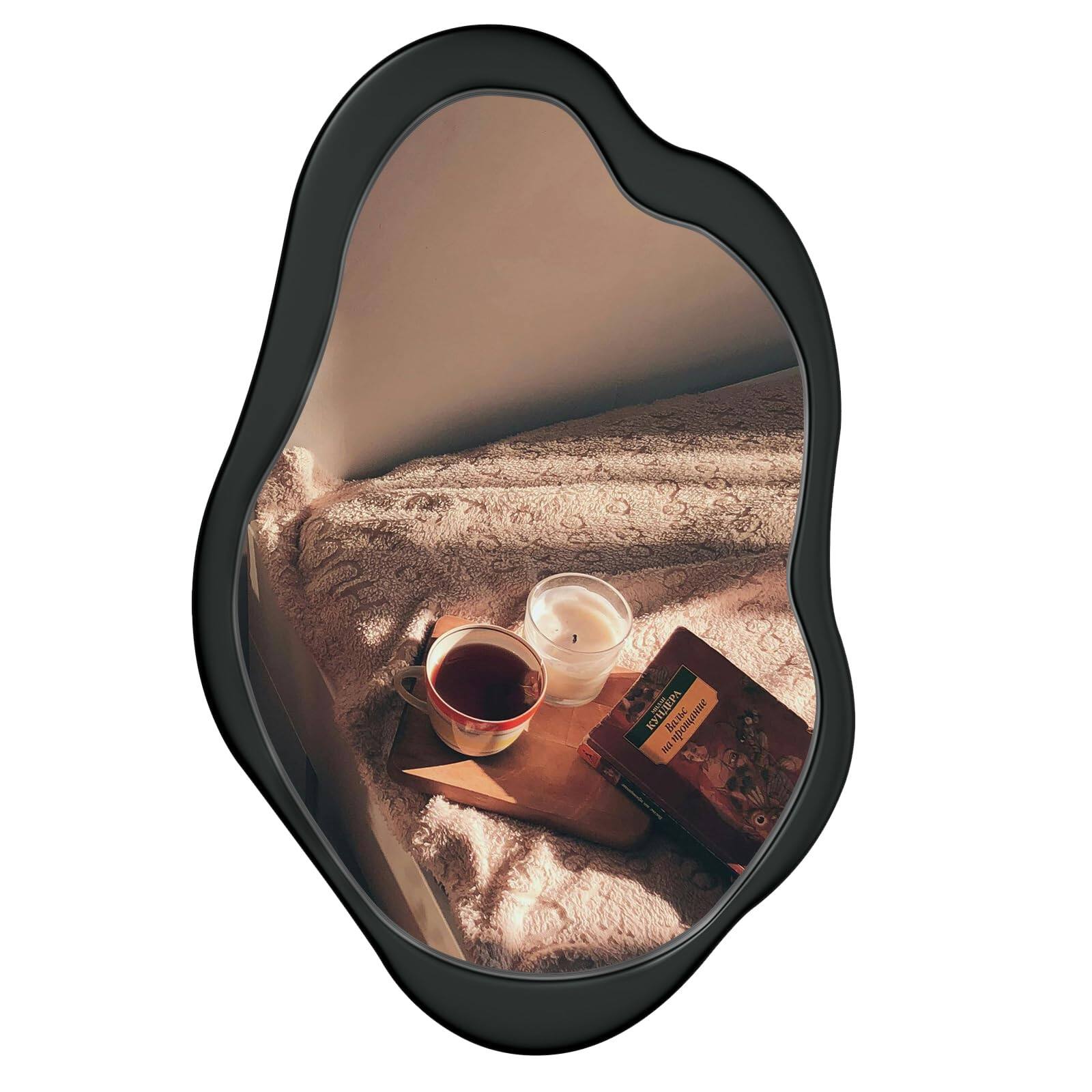 Front. TECH SAFARI - Wavy Mirror With Wood Frame Modern Decorative Asymmetrical For Bedroom Living Room Entryway - Black 24"L x 15"W.