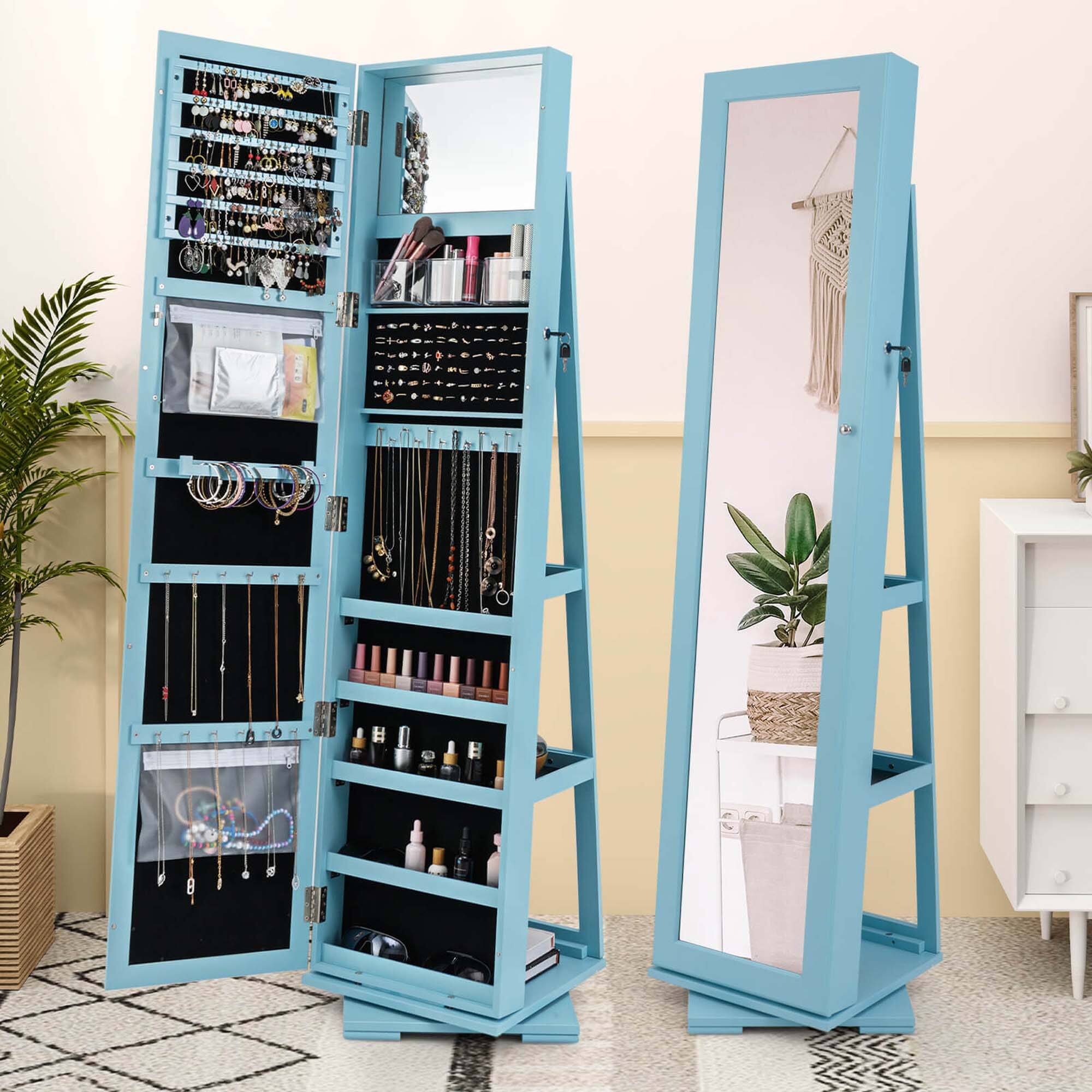 Alt View 1. Costway - Costway 360° Rotatable Jewelry Cabinet Armoire 2-in-1 Lockable Mirrored - Blue.