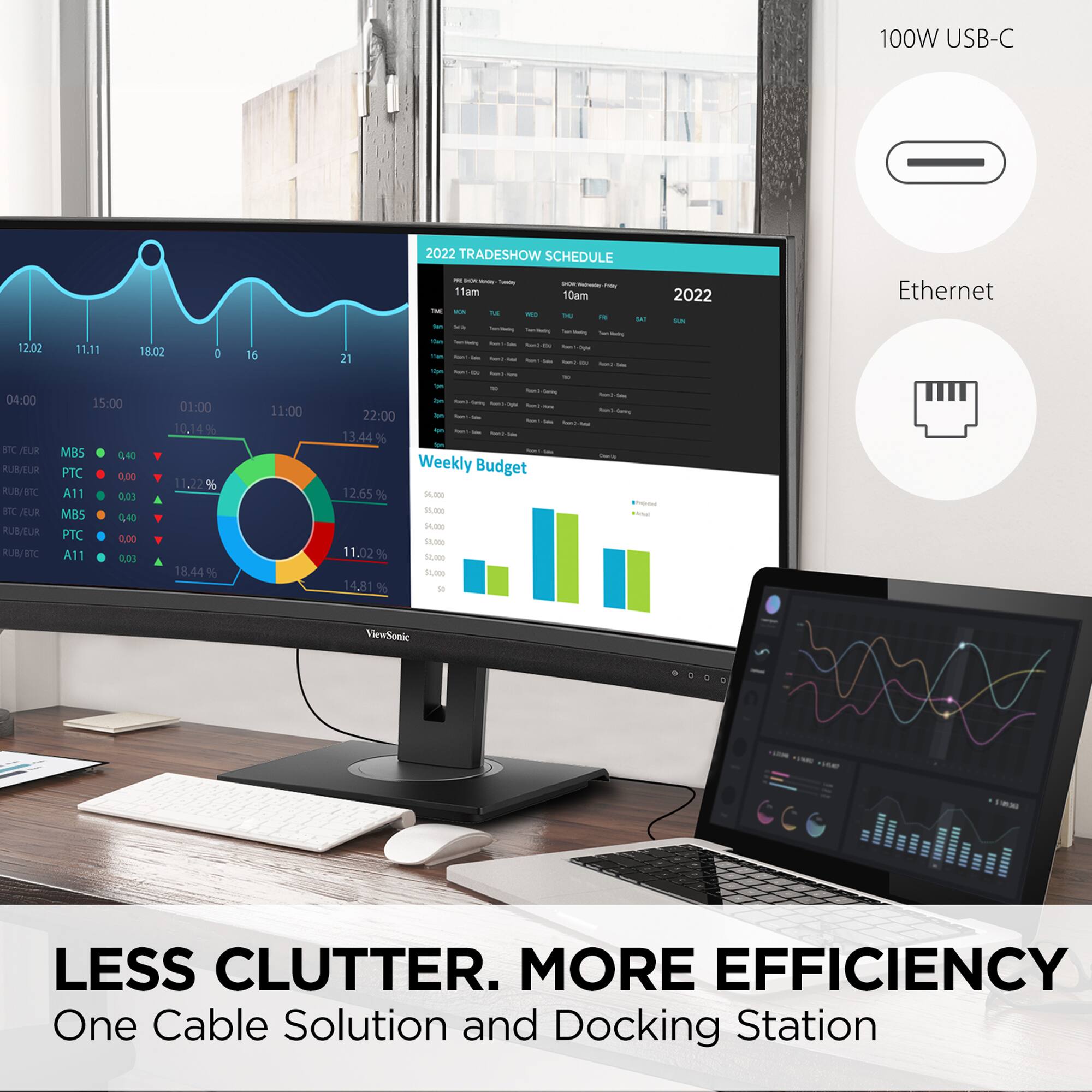 The text on the image is grouped and corrected as follows:
100W USB-C 12.02 11.11 18.02 D 16 21 2022 TRADESHOW SCHEDULE - - - - - - i 1 am 10am - ha - - - SAT - - - I - - 2022 Ethernet - 04:00 E VUX RUSEUR RUB/BIC AUR RUB/EUR RUM B1C 15:00 MBS G40 PTC 0.00 A11 0.03 MBS 0.40 PTC 0:00 A11 6:03 01:00 10,14% 11.22% 18.44% 11:00 - I - 22:00 - 1344% Weekly Budget 12.65% 1.00 120 H30 50.00 11.02% 1.00 50.000 14.81%
The corrected text is about a trade show schedule, with various times and percentages listed. The main focus is on the benefits of using a single cable solution and docking station for increased efficiency and reduced clutter.