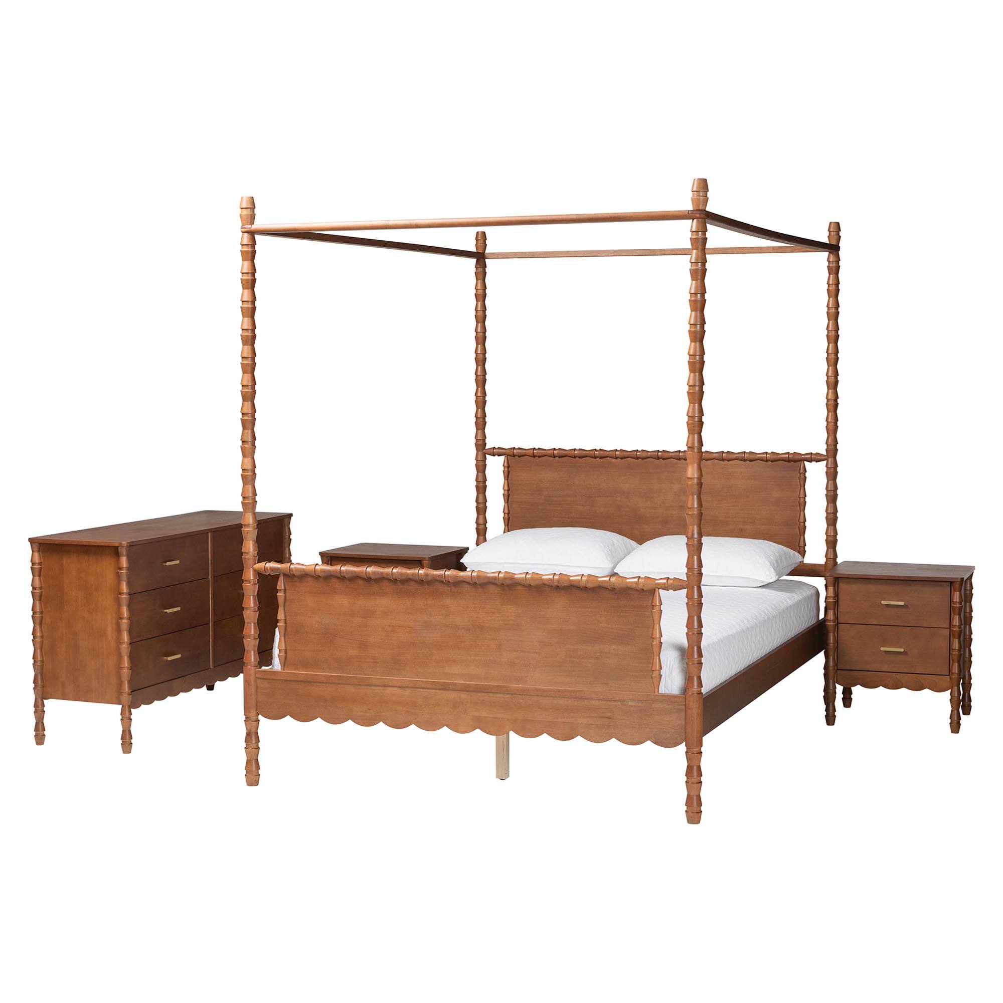 Front. Baxton Studio - Danette Bobbin Wood 4-Piece Canopy Bedroom Set, Queen - Walnut Brown.